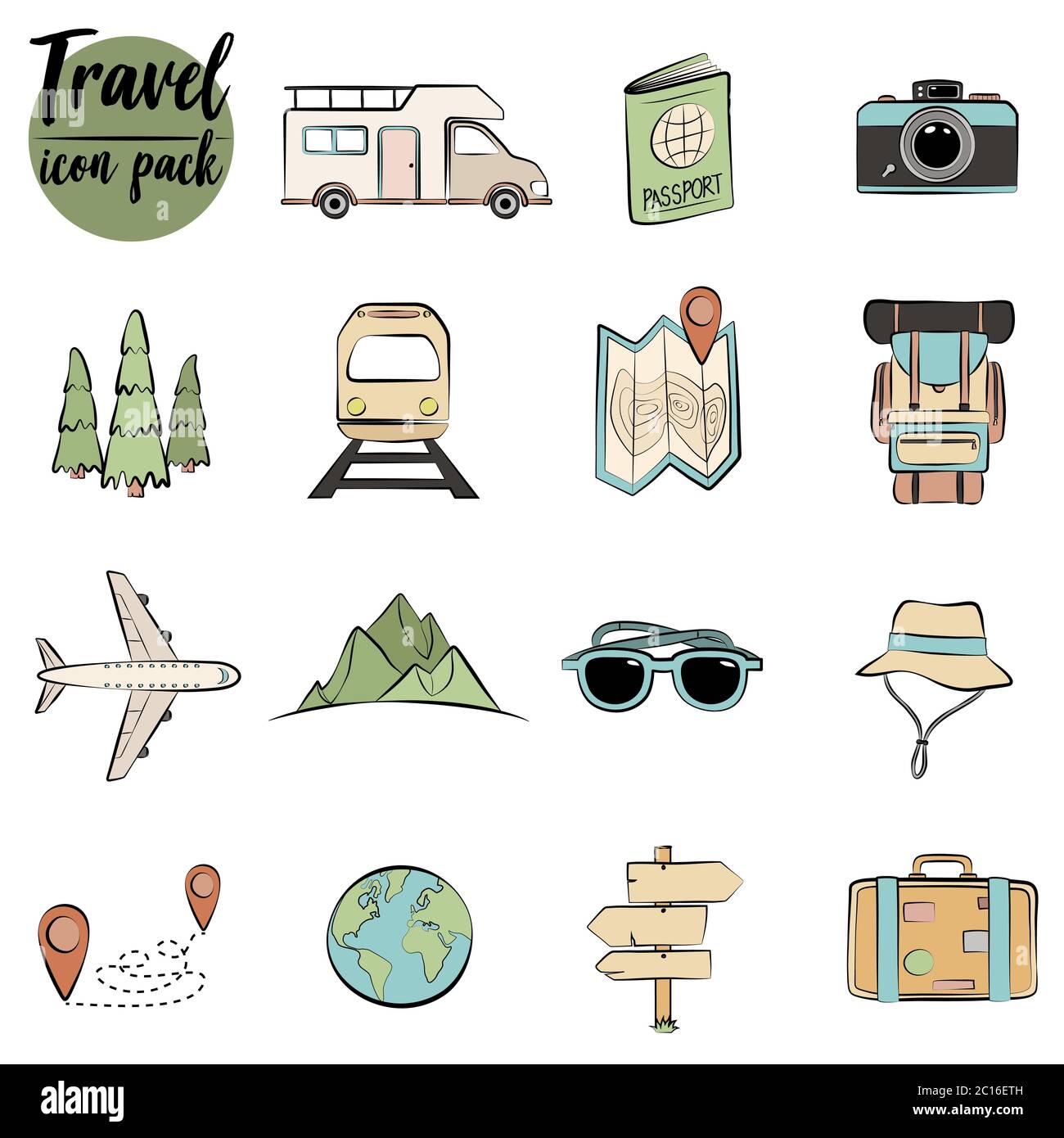 Set di icone colorate per viaggi disegnate a mano Illustrazione Vettoriale