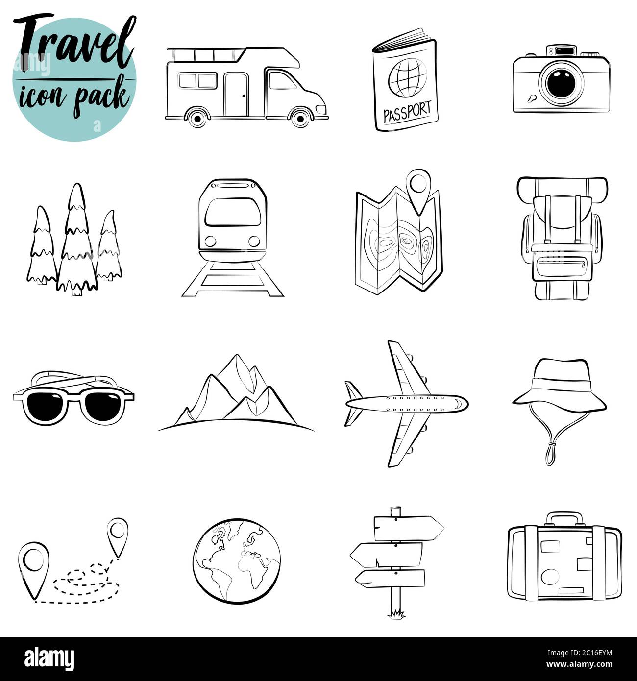 Icone di viaggio stile disegnate a mano Set.Line. Illustrazione Vettoriale