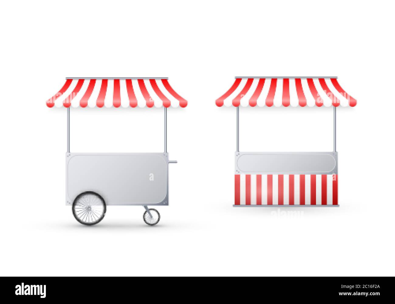 Carrello con tenda. Consegna mobile di cibo di strada. Acquista cerchi. Illustrazione vettoriale isolata in bianco Illustrazione Vettoriale