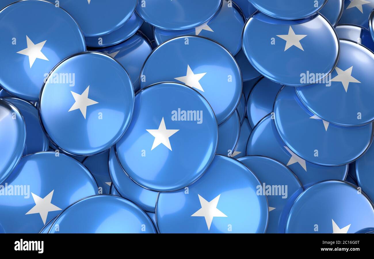 Somalia Badges sfondo - pile di pulsanti bandiera somalo. Foto Stock