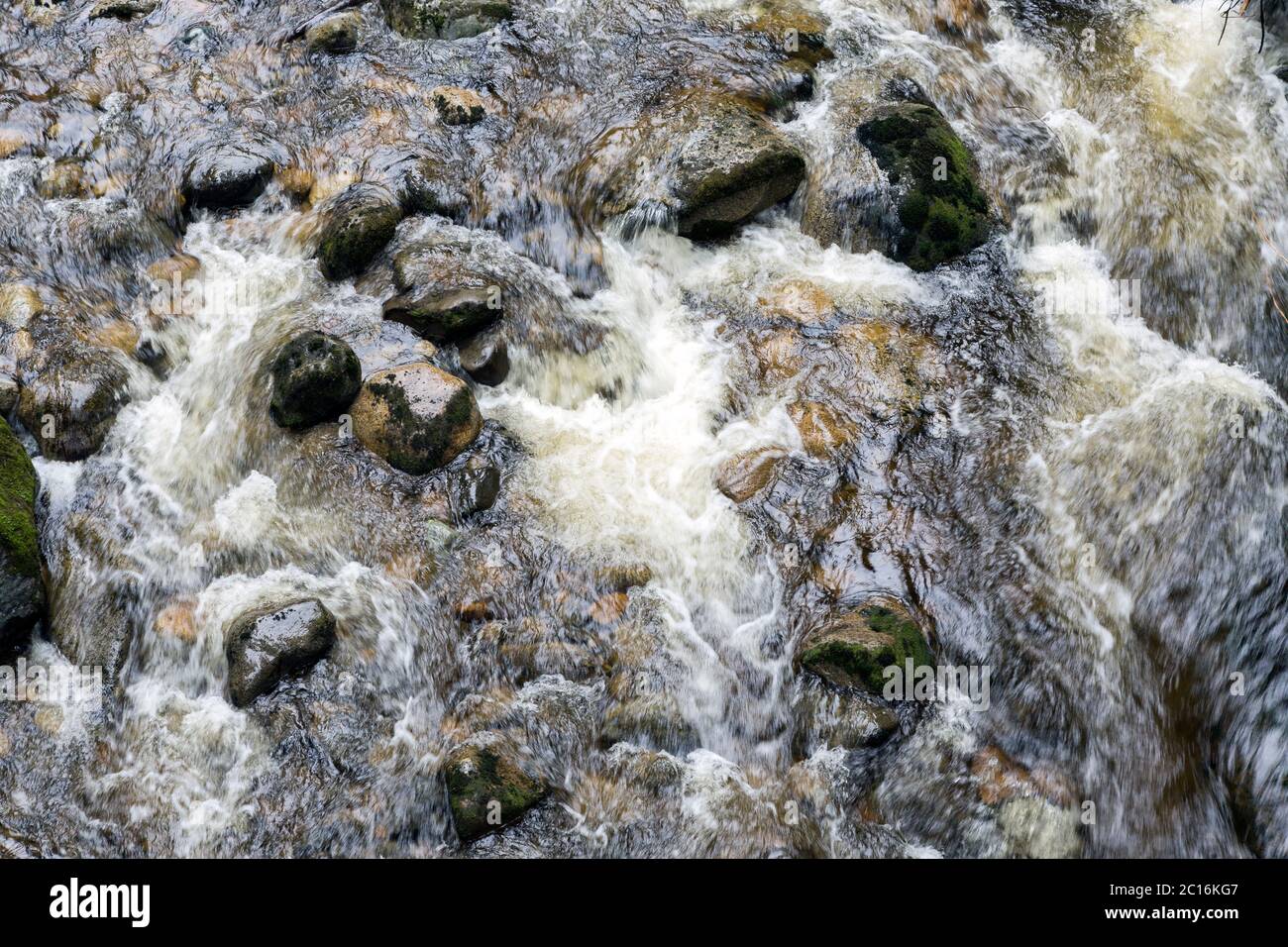 Vista dall'alto del rapido e veloce torrente con rocce in acqua, British Columbia, Canada, nella zona di Vancouver. Foto Stock