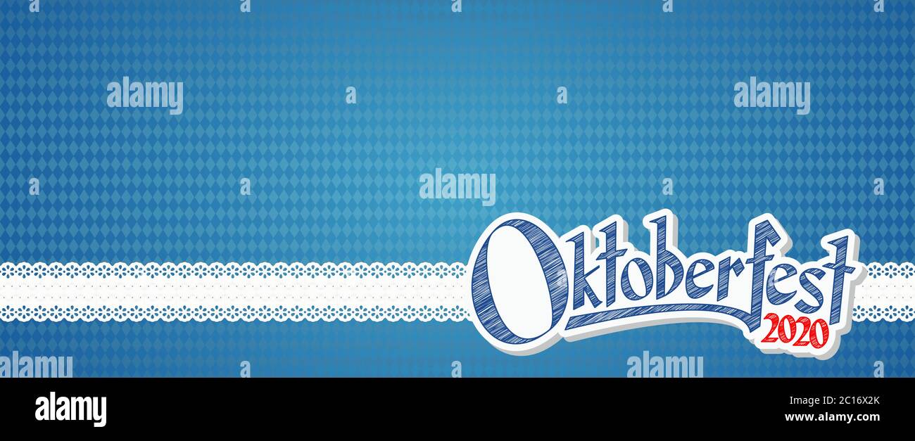 Oktoberfest sfondo con motivo a scacchi blu-bianco, banner e testo Oktoberfest 2020 (in tedesco) Illustrazione Vettoriale