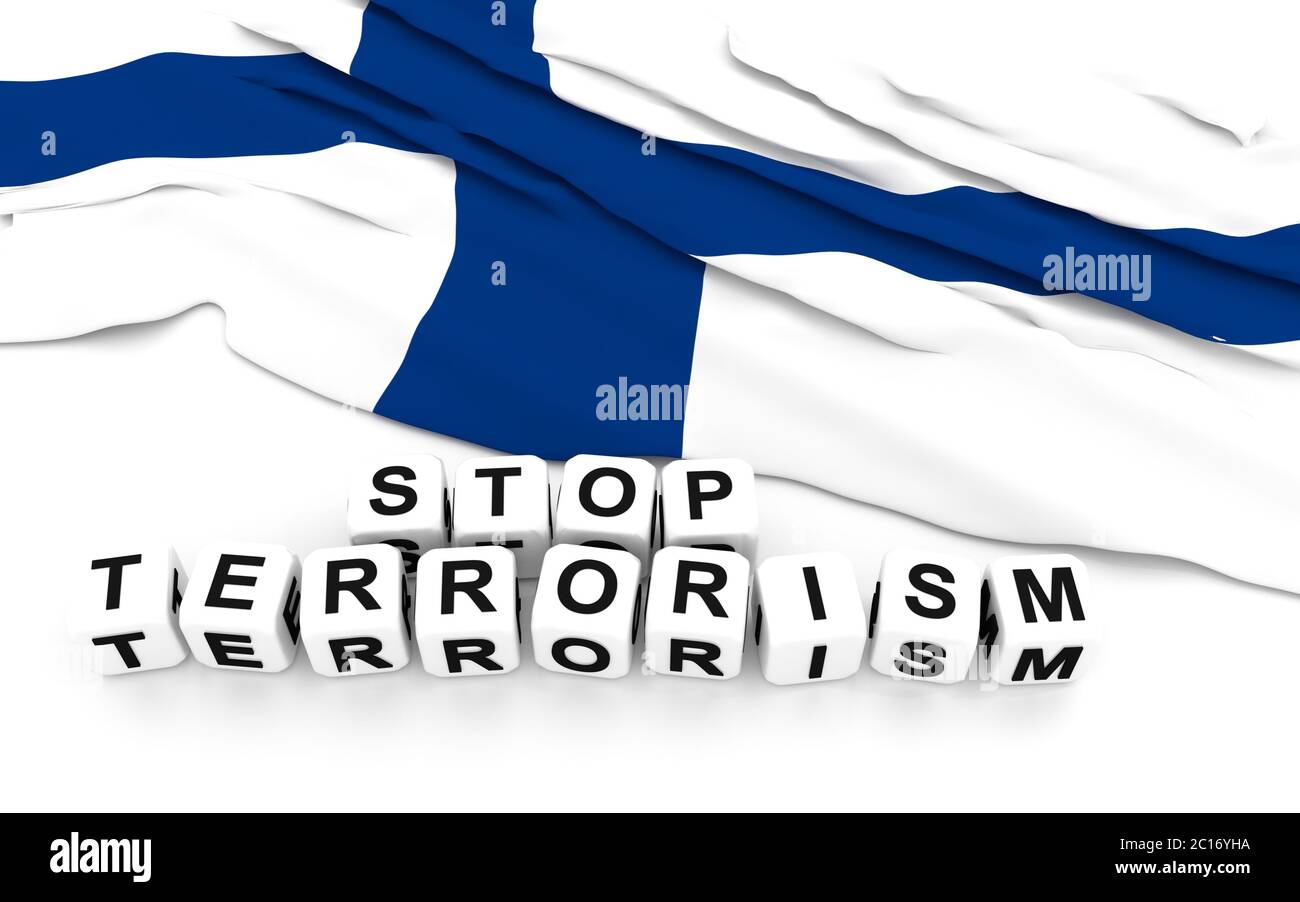 La bandiera e il testo finlandesi fermano il terrorismo. Foto Stock La bandiera e il testo finlandesi fermano il terrorismo. Foto Stock