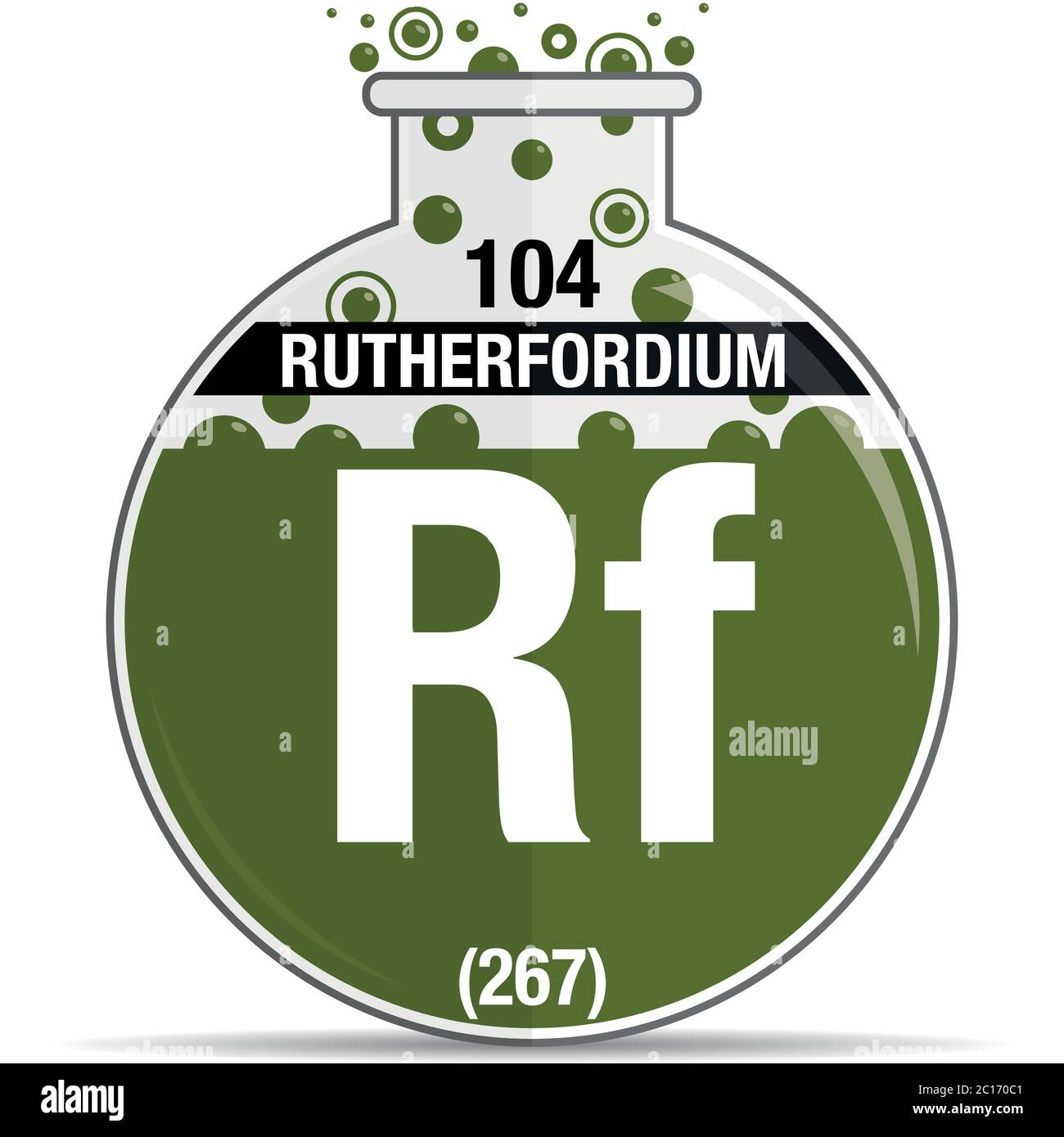 Simbolo del ruterfordium su matraccio rotondo chimico. Elemento numero 104 della Tavola periodica degli elementi - chimica. Immagine vettoriale Illustrazione Vettoriale