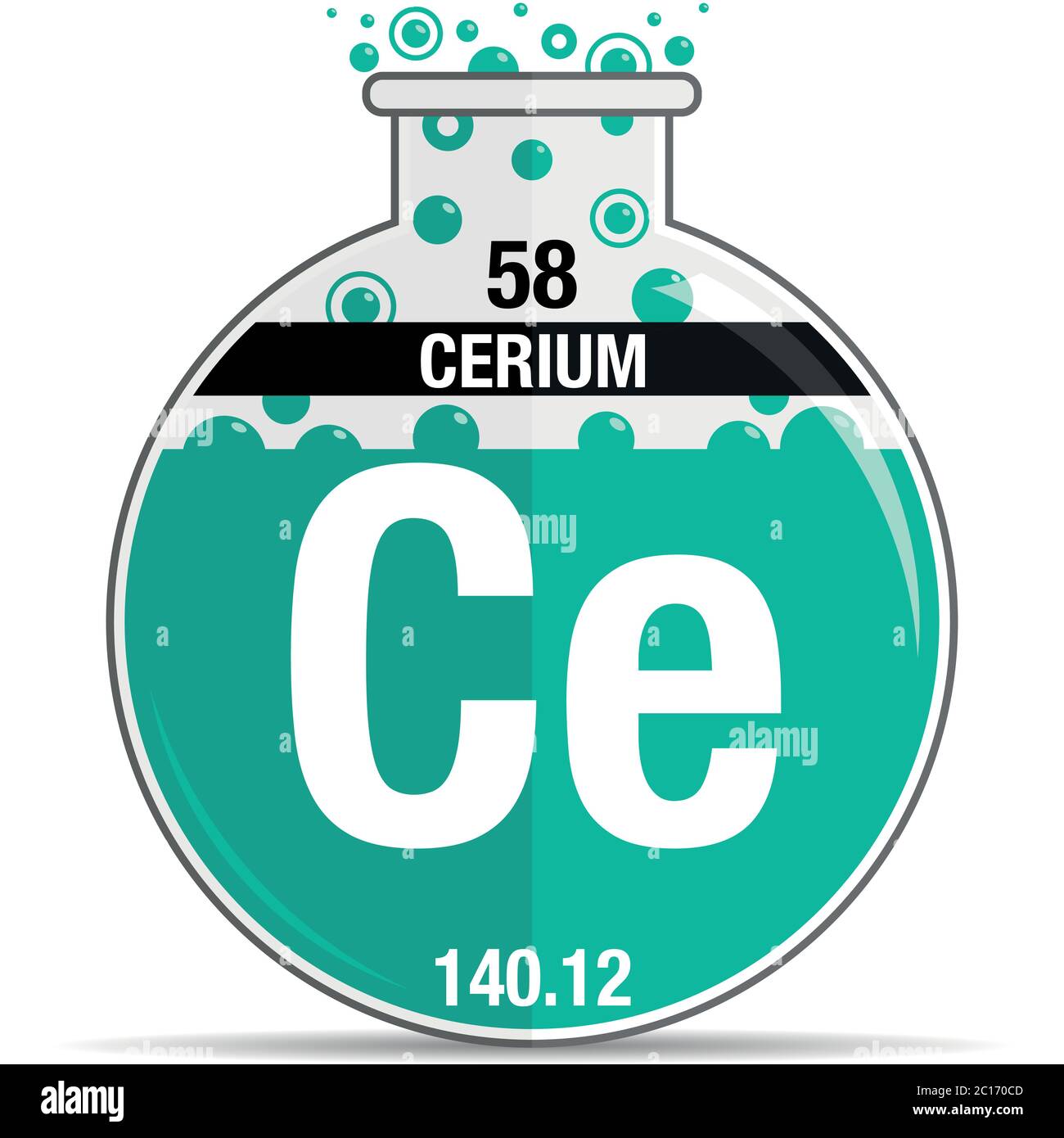Simbolo di cerio sul pallone chimico rotondo. Elemento numero 58 della Tavola periodica degli elementi - chimica. Immagine vettoriale Illustrazione Vettoriale