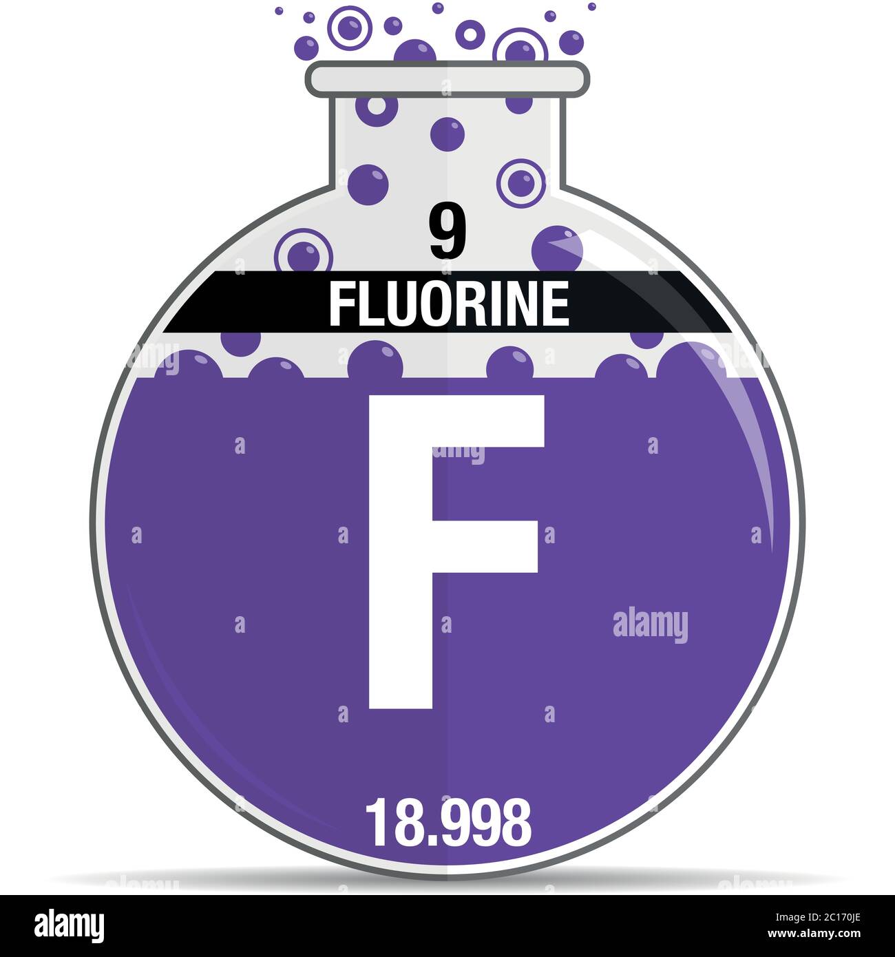 Simbolo del fluoro su matraccio rotondo chimico. Elemento numero 9 della Tavola periodica degli elementi - chimica. Immagine vettoriale Illustrazione Vettoriale
