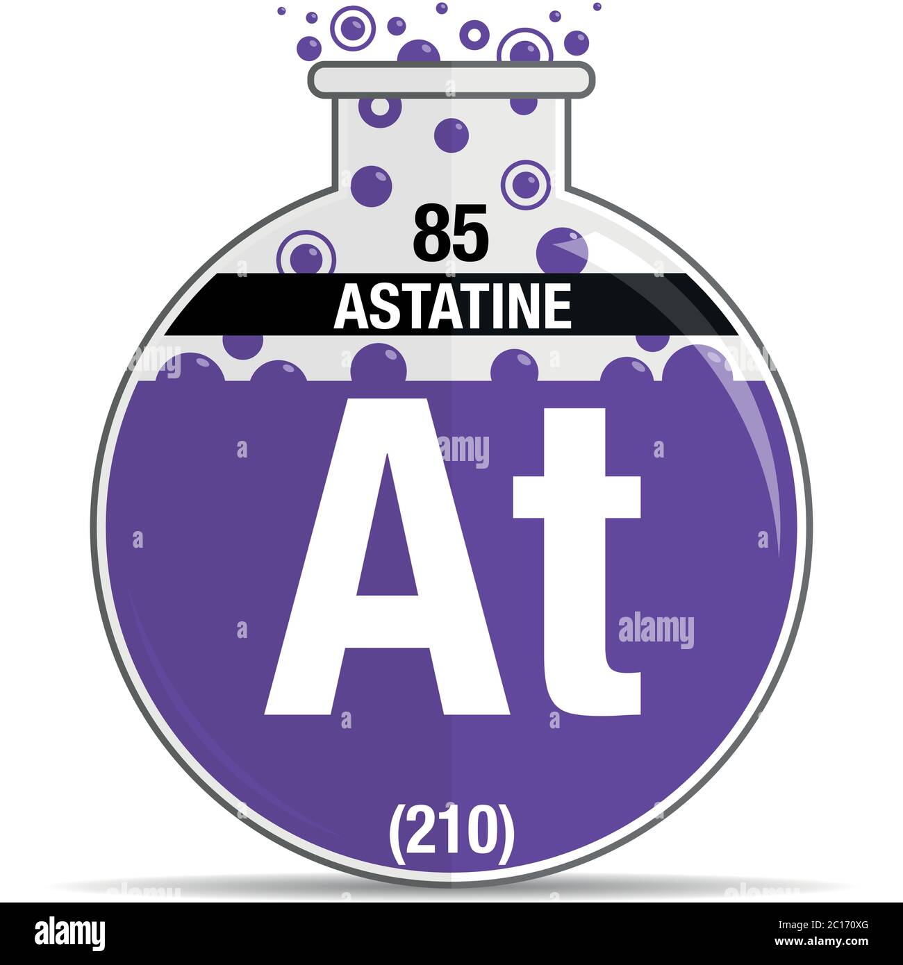 Simbolo astatina su matraccio rotondo chimico. Elemento numero 85 della Tavola periodica degli elementi - chimica. Immagine vettoriale Illustrazione Vettoriale