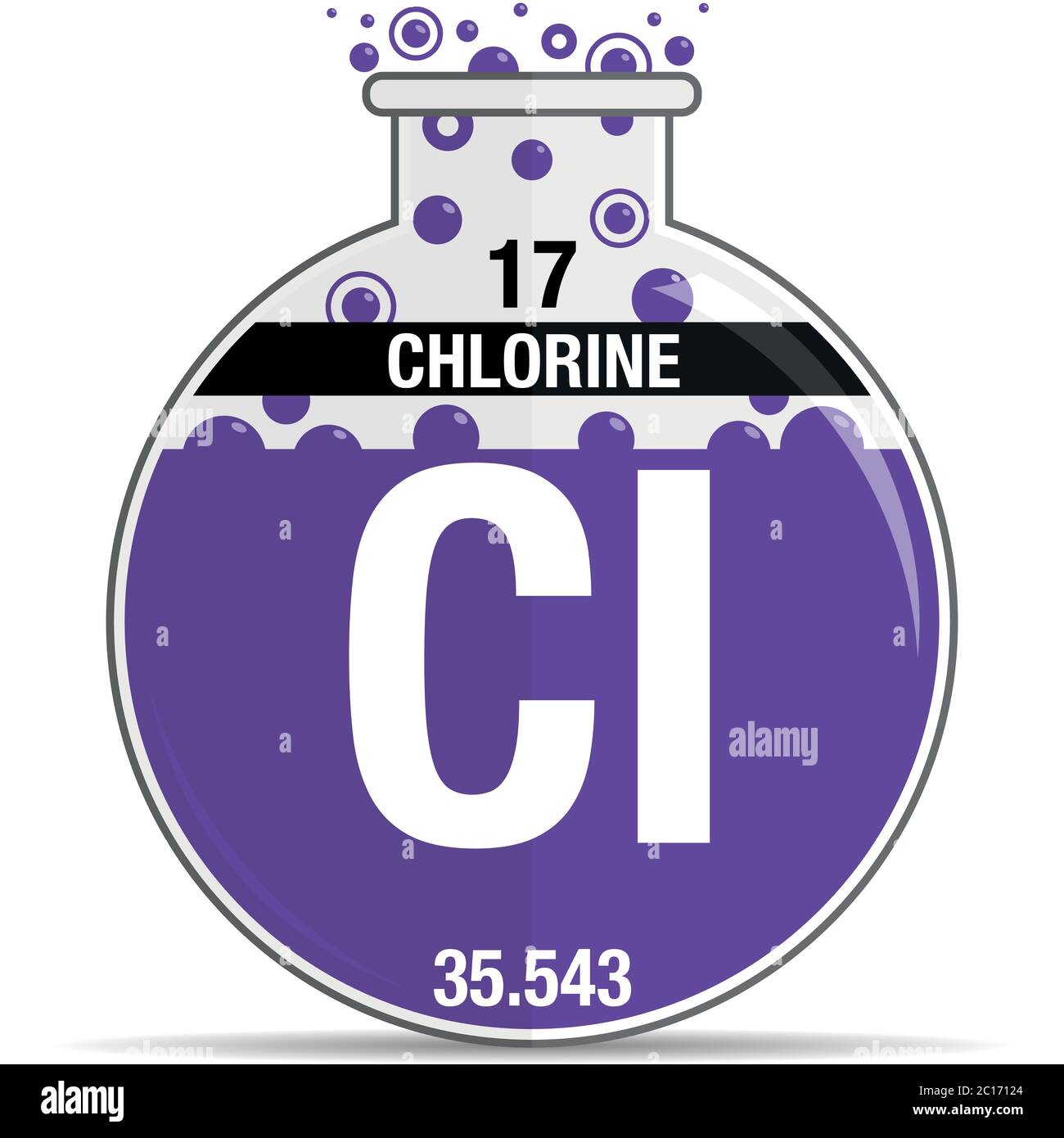 Simbolo del cloro sul pallone chimico. Elemento numero 17 della Tavola periodica degli elementi - chimica. Immagine vettoriale Illustrazione Vettoriale