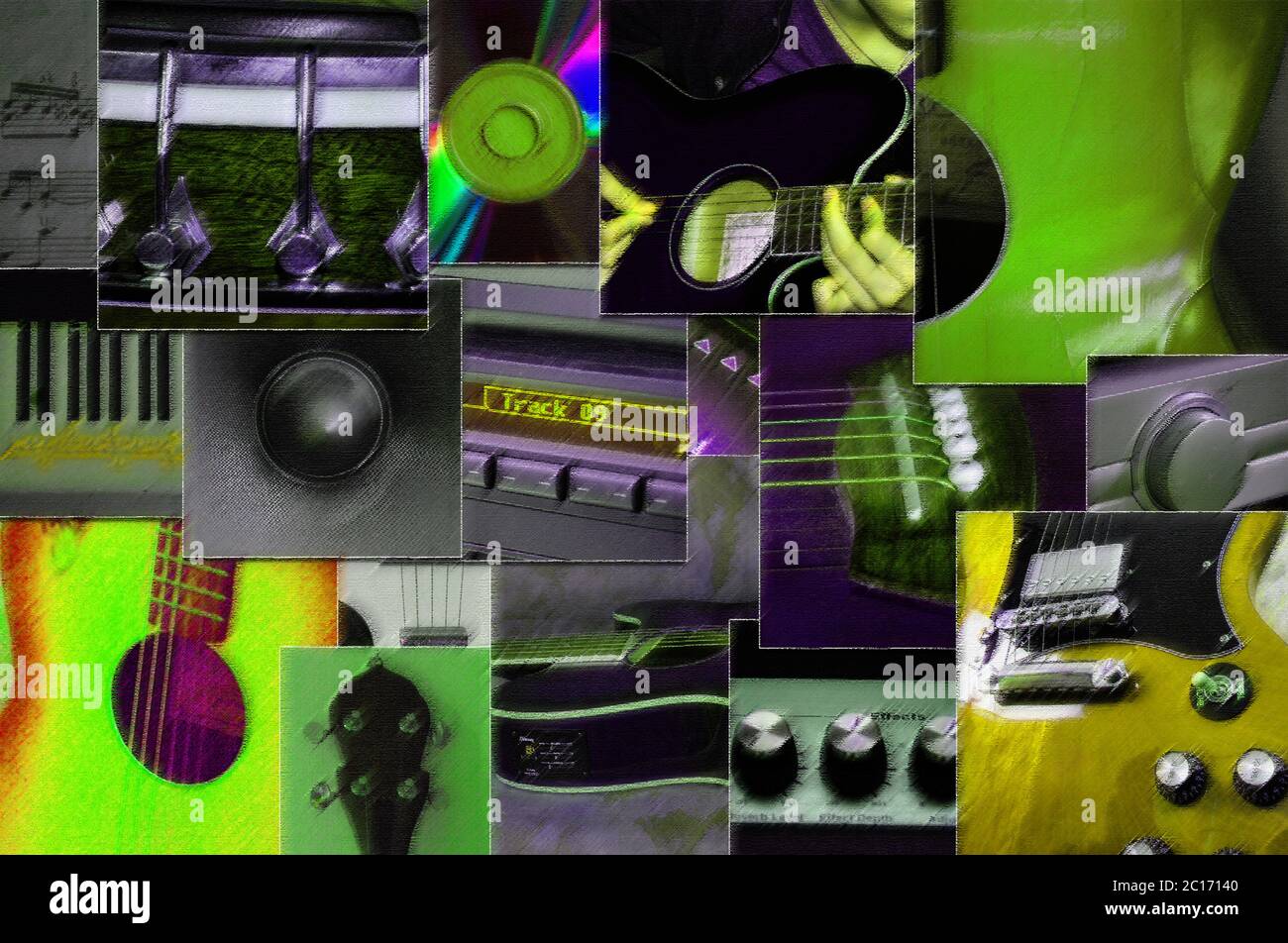 Collage di musica artistica con foto di chitarra. Raccolta di immagini dello strumento. Foto Stock