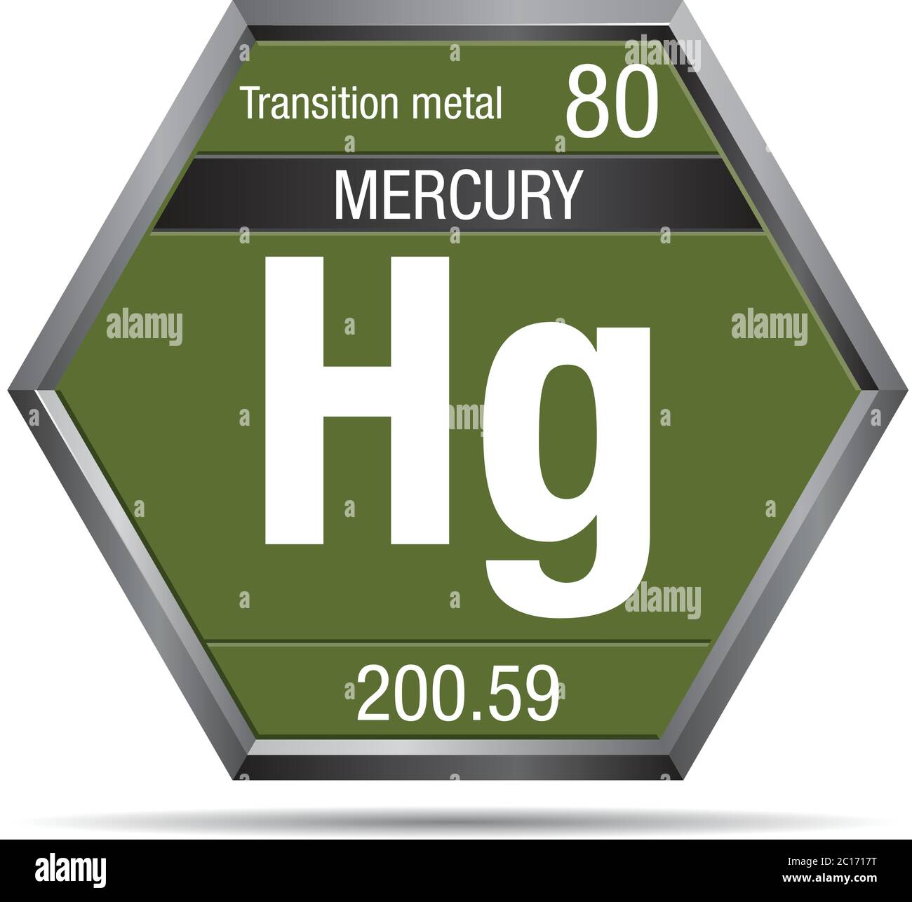 Simbolo di mercurio sotto forma di esagono con cornice metallica. Elemento numero 80 della Tavola periodica degli elementi - chimica Illustrazione Vettoriale