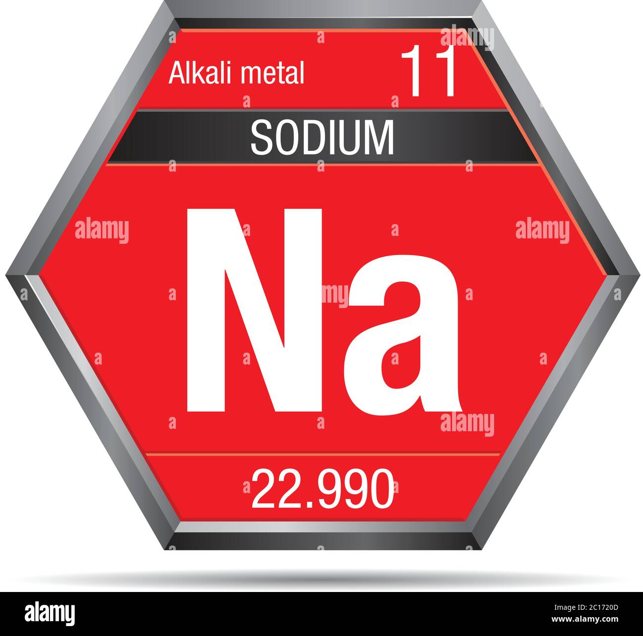Simbolo di sodio sotto forma di esagono con cornice metallica. Elemento numero 11 della Tavola periodica degli elementi - chimica Illustrazione Vettoriale