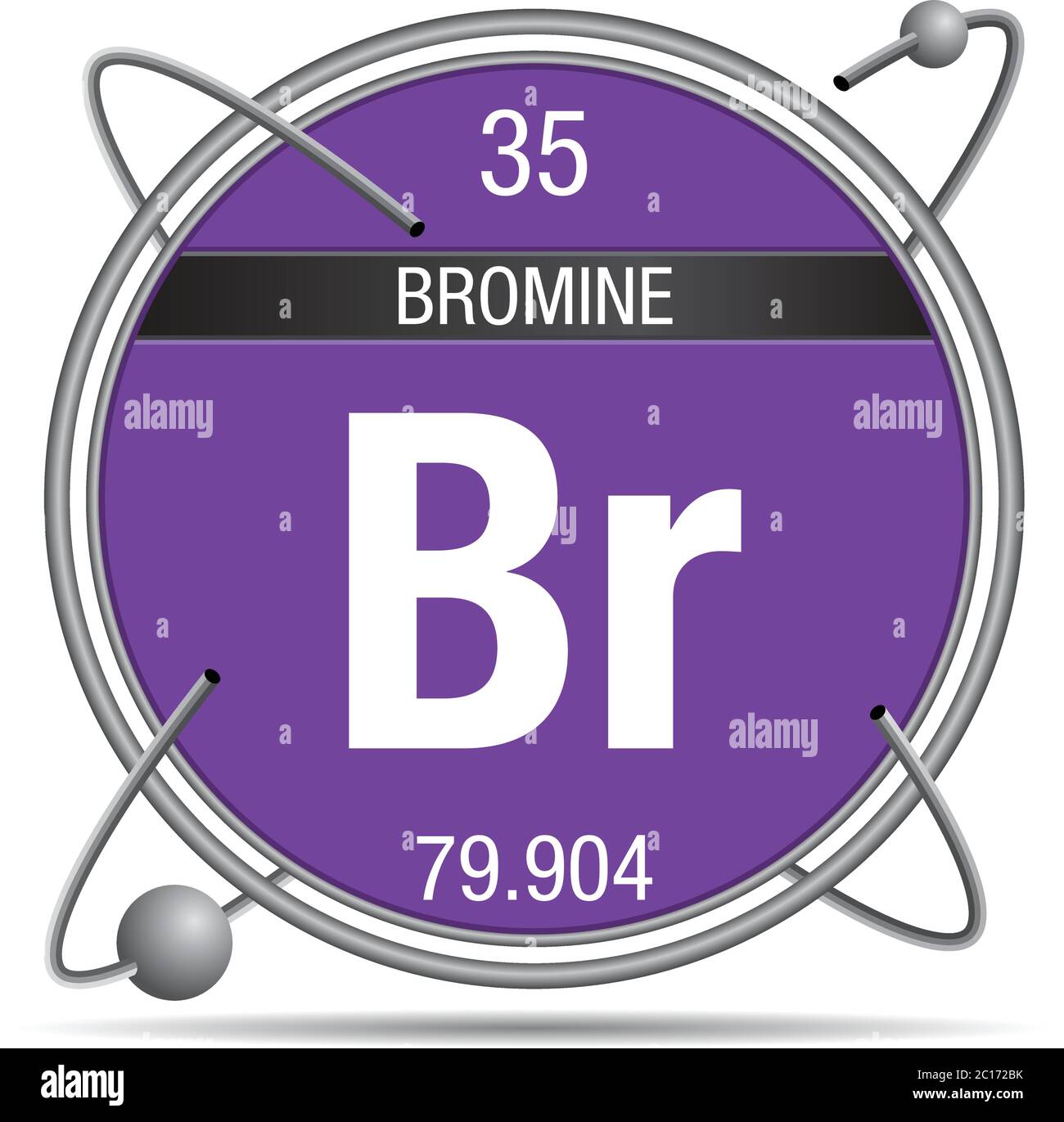 Simbolo di bromo all'interno di un anello metallico con sfondo colorato e sfere che orbitano intorno. Elemento numero 35 della Tavola periodica degli elementi Illustrazione Vettoriale