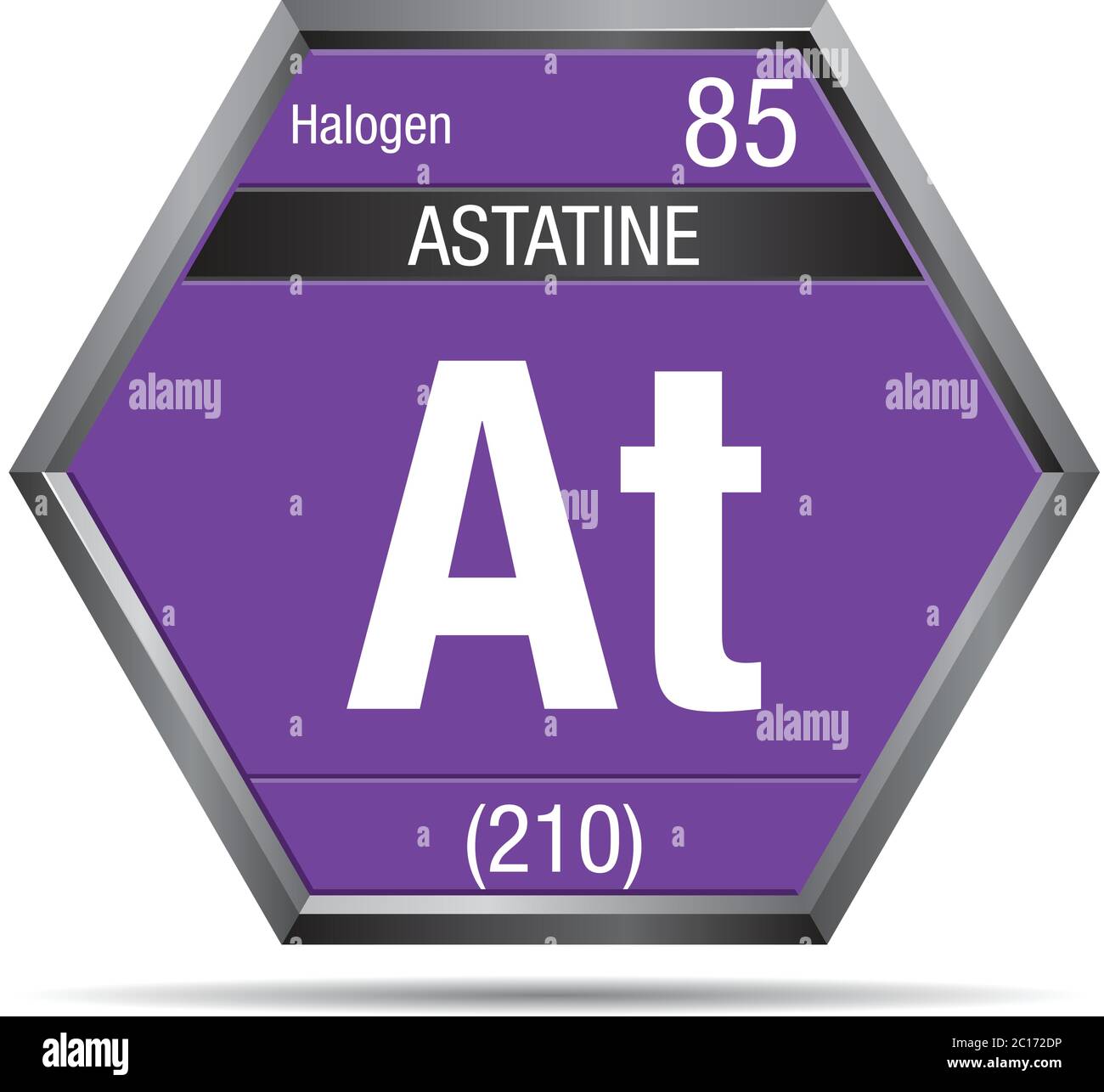 Simbolo astatino sotto forma di esagono con cornice metallica. Elemento numero 85 della Tavola periodica degli elementi - chimica Illustrazione Vettoriale