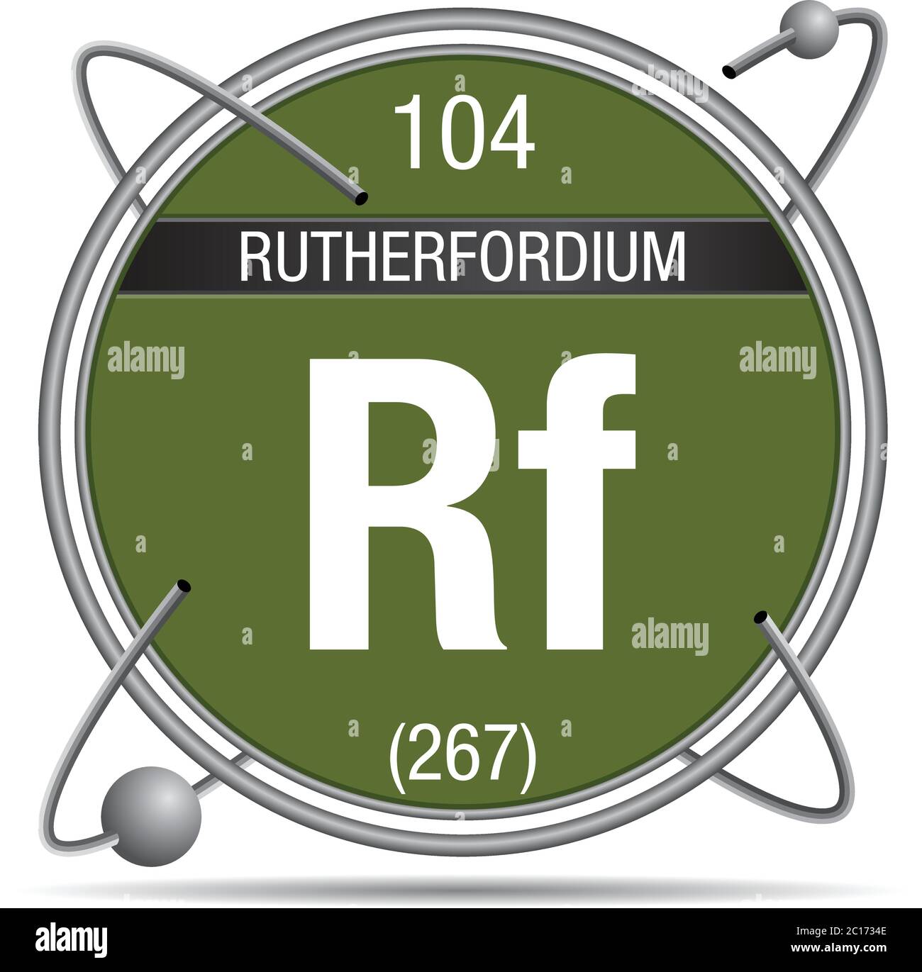 Simbolo di ruterfordium all'interno di un anello metallico con sfondo colorato e sfere che orbitano intorno. Elemento numero 104 della tavola periodica dell'elemento Illustrazione Vettoriale