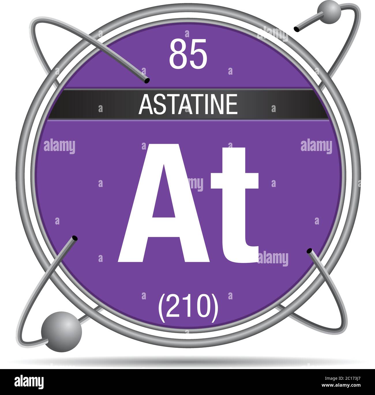 Simbolo astatino all'interno di un anello metallico con sfondo colorato e sfere che orbitano intorno. Elemento numero 85 della Tavola periodica degli elementi Illustrazione Vettoriale