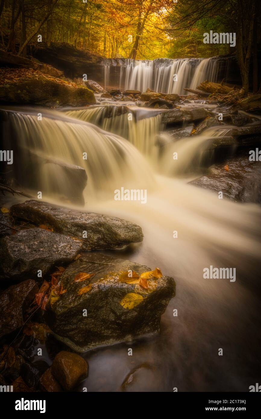 Tranquilla vista sulle cascate autunnali al Rickett's Glen state Park, Pennsylvania Foto Stock