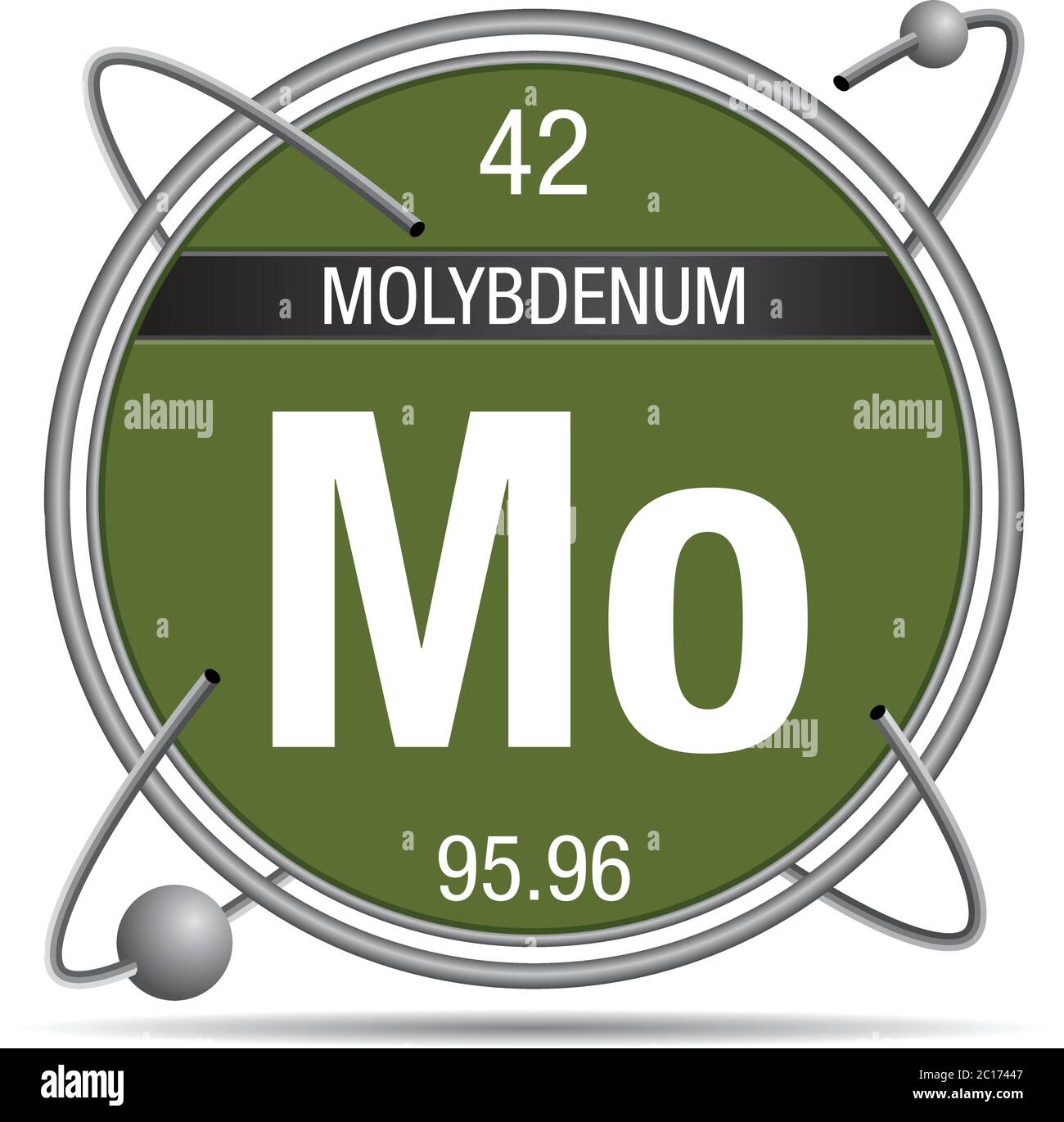 Simbolo di molibdeno all'interno di un anello metallico con sfondo colorato e sfere che orbitano intorno. Elemento numero 42 della Tavola periodica degli elementi Illustrazione Vettoriale