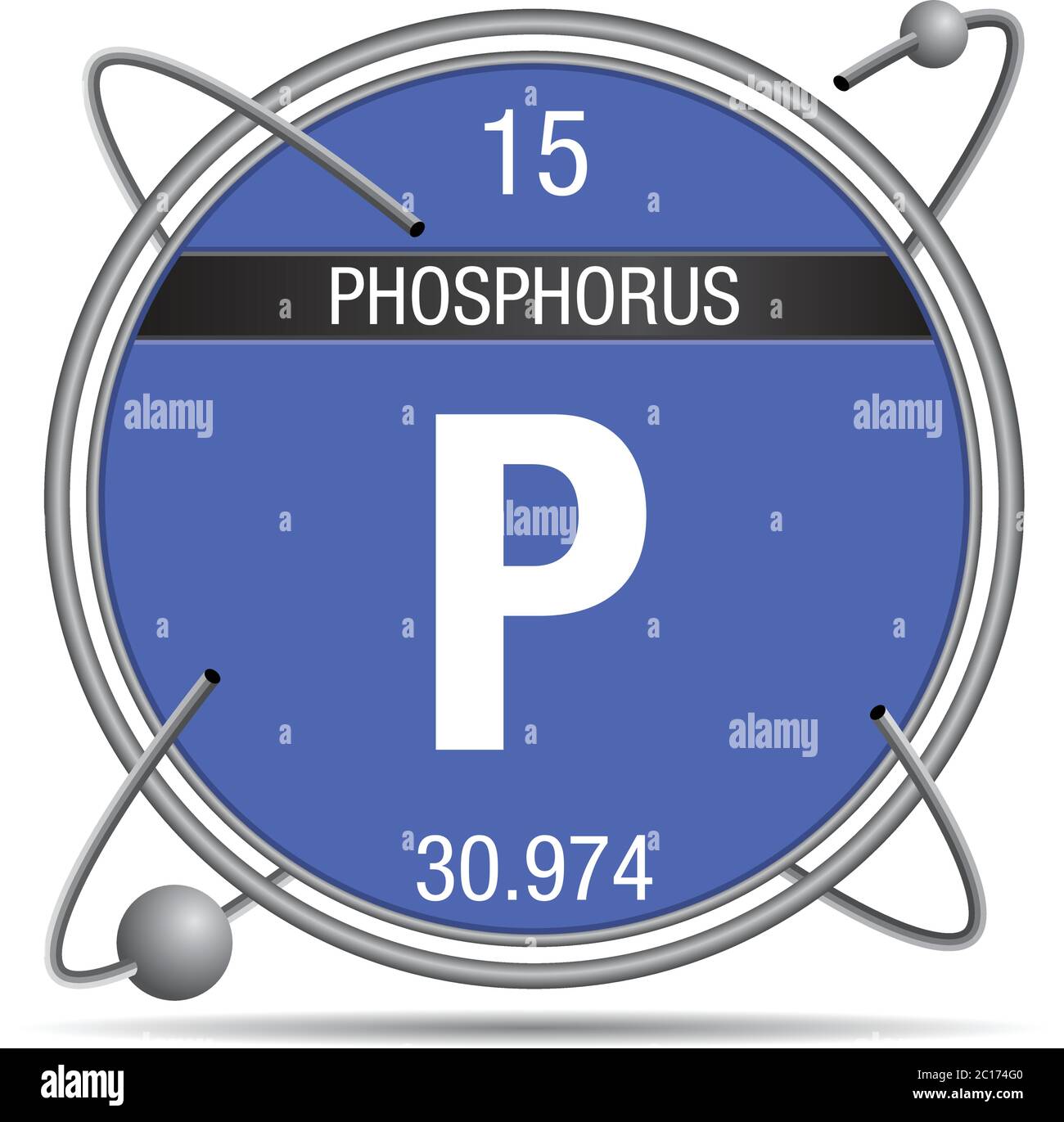 Simbolo del fosforo all'interno di un anello metallico con sfondo colorato e sfere che orbitano intorno. Elemento numero 15 della Tavola periodica degli elementi Illustrazione Vettoriale