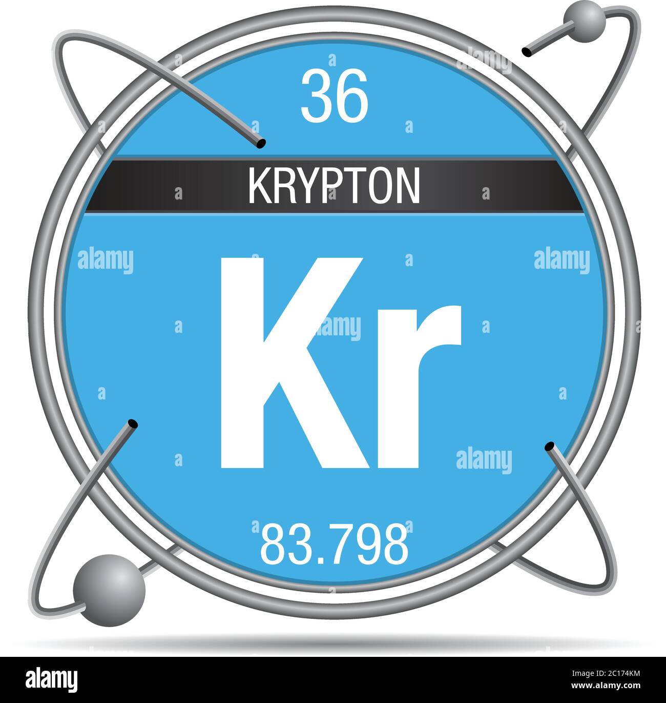 Simbolo del cripto all'interno di un anello metallico con sfondo colorato e sfere che orbitano intorno. Elemento numero 36 della Tavola periodica degli elementi Illustrazione Vettoriale