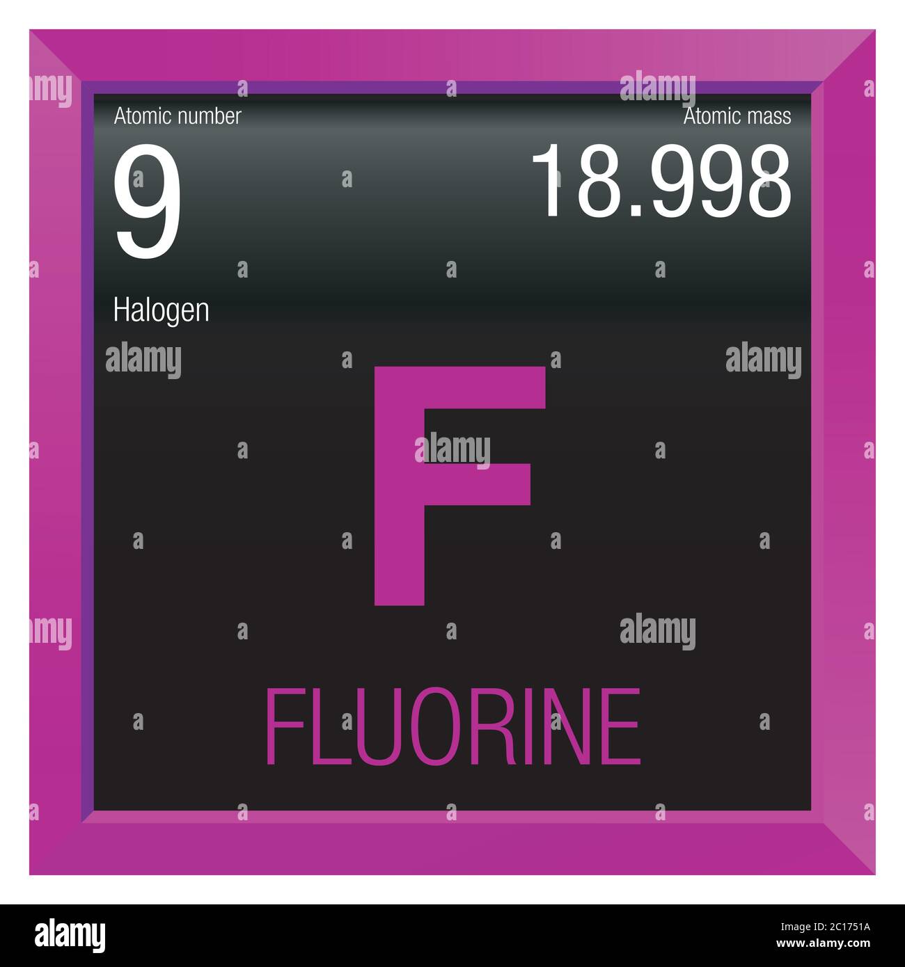 Simbolo fluoro. Elemento numero 9 della Tavola periodica degli elementi - chimica - cornice quadrata magenta con sfondo nero Illustrazione Vettoriale