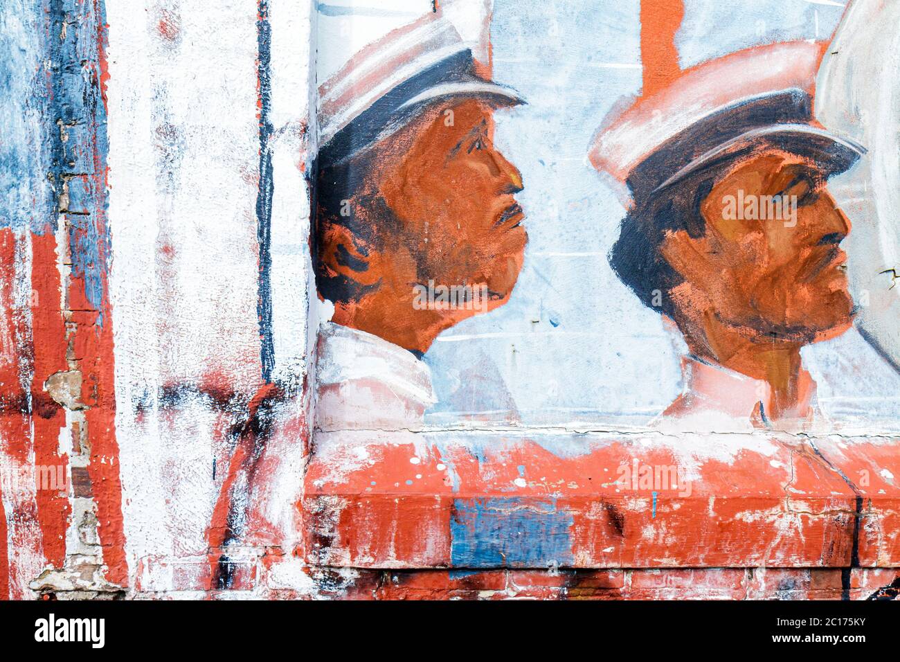 Louisiana, LA, Sud, Orleans Parish, New Orleans, Warehouse District, murales, pittura, Black male, cappello, profilo, dettaglio, primo piano, arte, sightsee Foto Stock