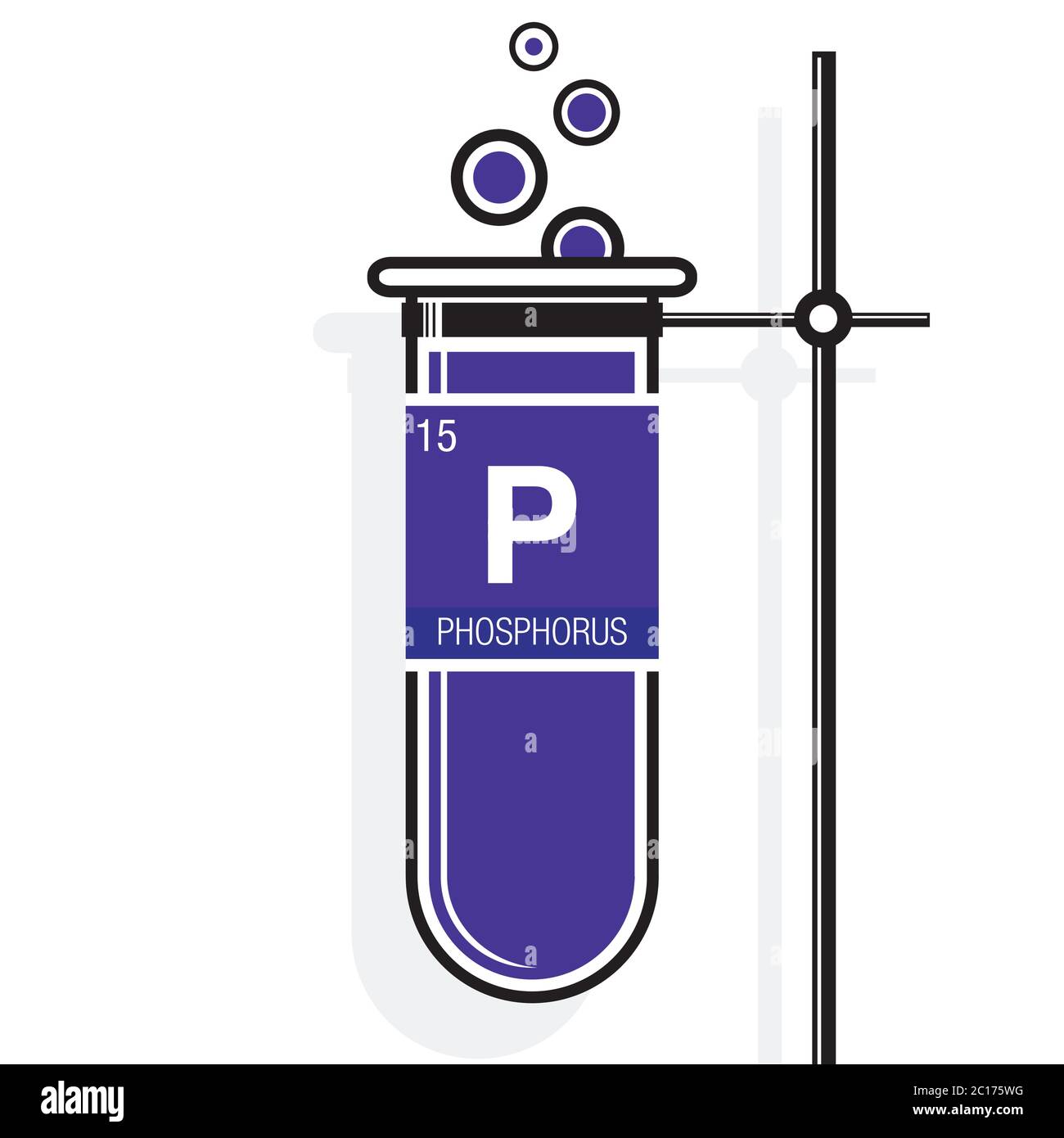 Simbolo del fosforo sull'etichetta di una provetta viola con supporto. Elemento numero 15 della Tavola periodica degli elementi - chimica Illustrazione Vettoriale