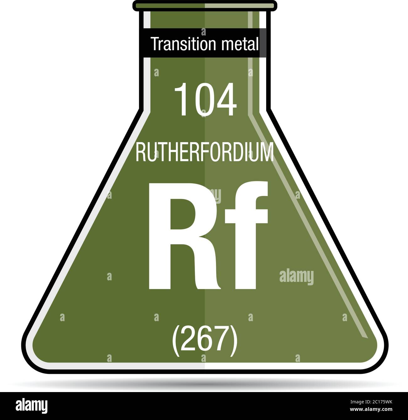 Simbolo del ruterfordium sul pallone chimico. Elemento numero 104 della Tavola periodica degli elementi - chimica Illustrazione Vettoriale