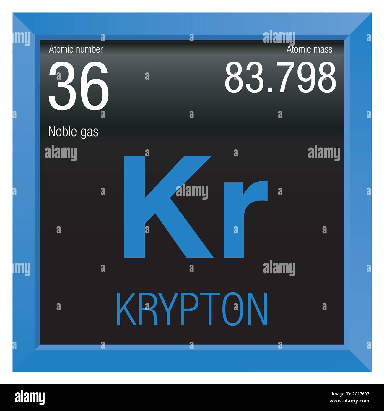 Simbolo del cripto. Elemento numero 36 della Tavola periodica degli elementi - chimica - cornice quadrata blu con sfondo nero Illustrazione Vettoriale