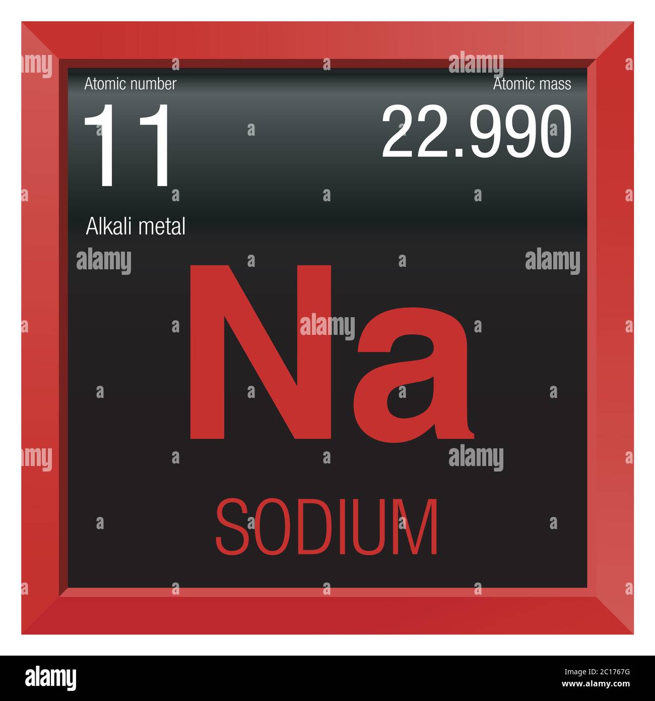 Simbolo di sodio. Elemento numero 11 della Tavola periodica degli elementi - chimica - cornice quadrata rossa con sfondo nero Illustrazione Vettoriale