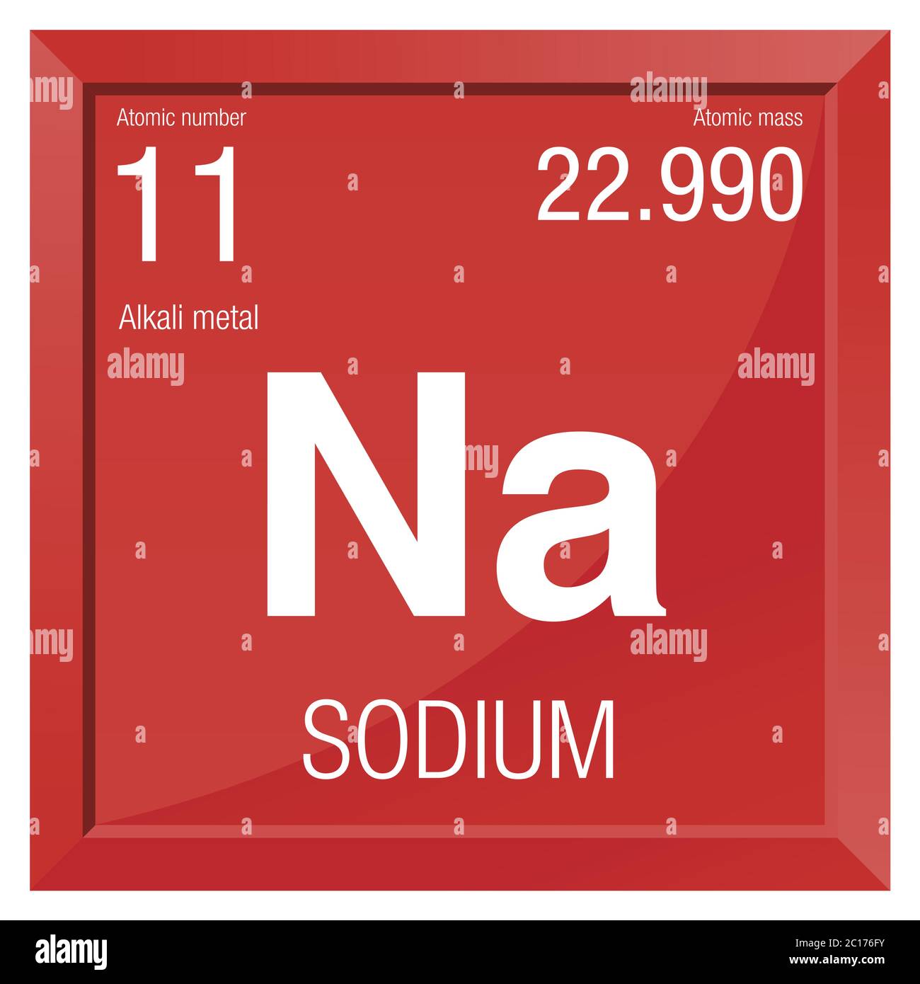 Simbolo di sodio. Elemento numero 11 della Tavola periodica degli elementi - chimica - quadro quadrato con sfondo rosso Illustrazione Vettoriale