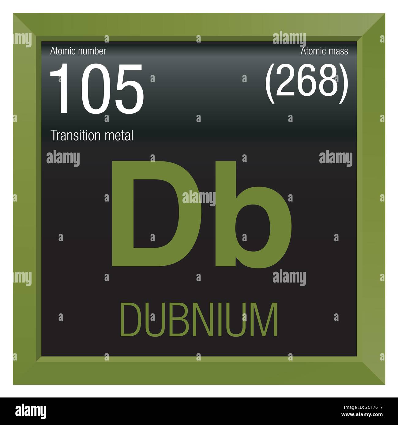 Simbolo di Dubnio. Elemento numero 105 della Tavola periodica degli elementi - chimica - cornice quadrata verde con sfondo nero Illustrazione Vettoriale