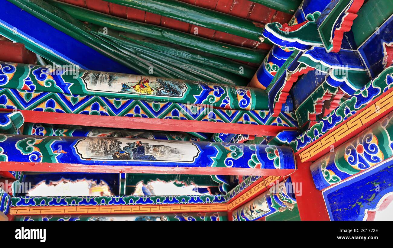Staffe di legno Dougong-tradizionale telaio cinese in legno da tetto. Qianfo Grotte-Tempio MatiSi-Zhangye-Gansu-Cina-0933 Foto Stock