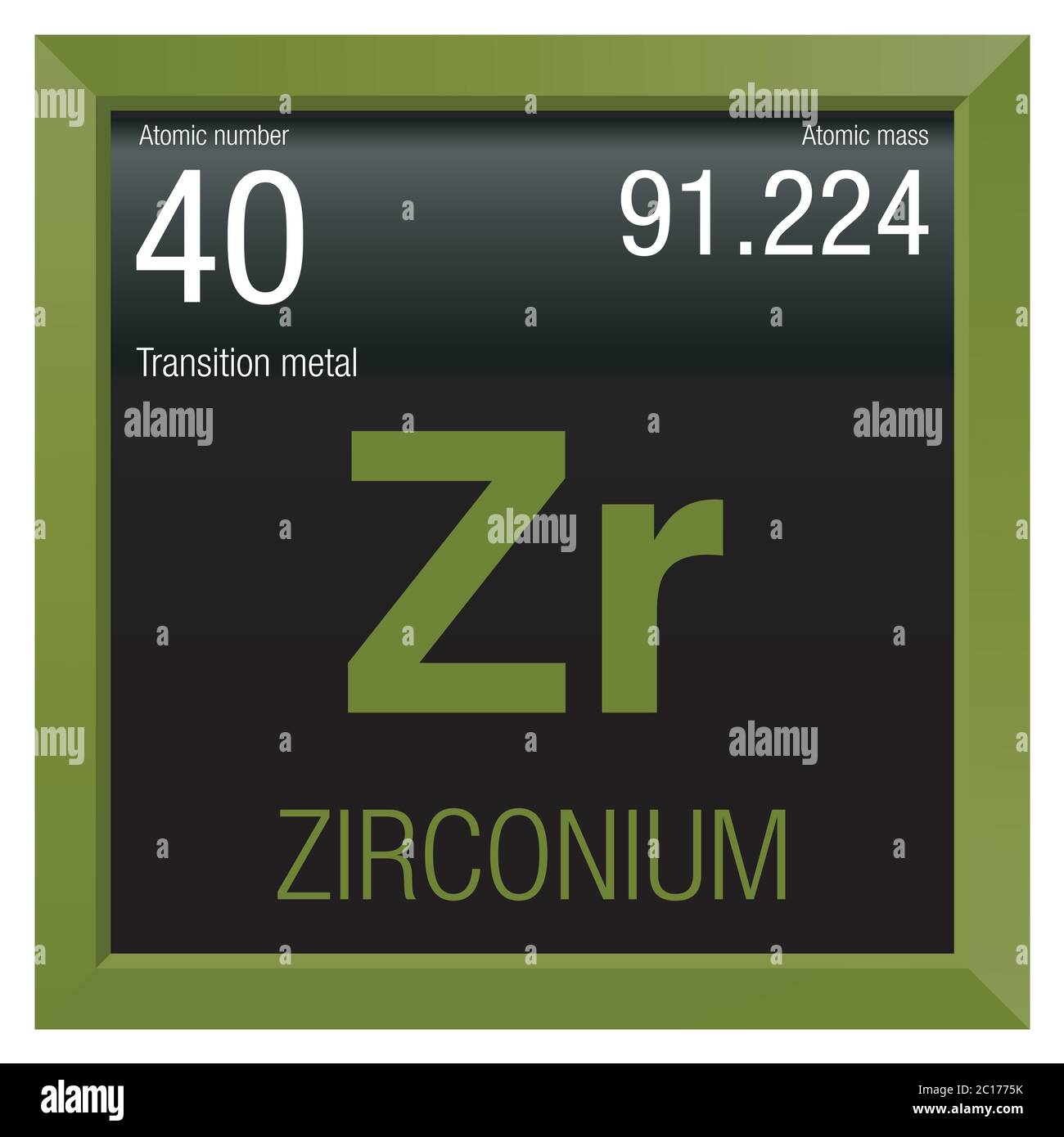 Simbolo di zirconio. Elemento numero 40 della Tavola periodica degli elementi - chimica - cornice quadrata verde con sfondo nero Illustrazione Vettoriale