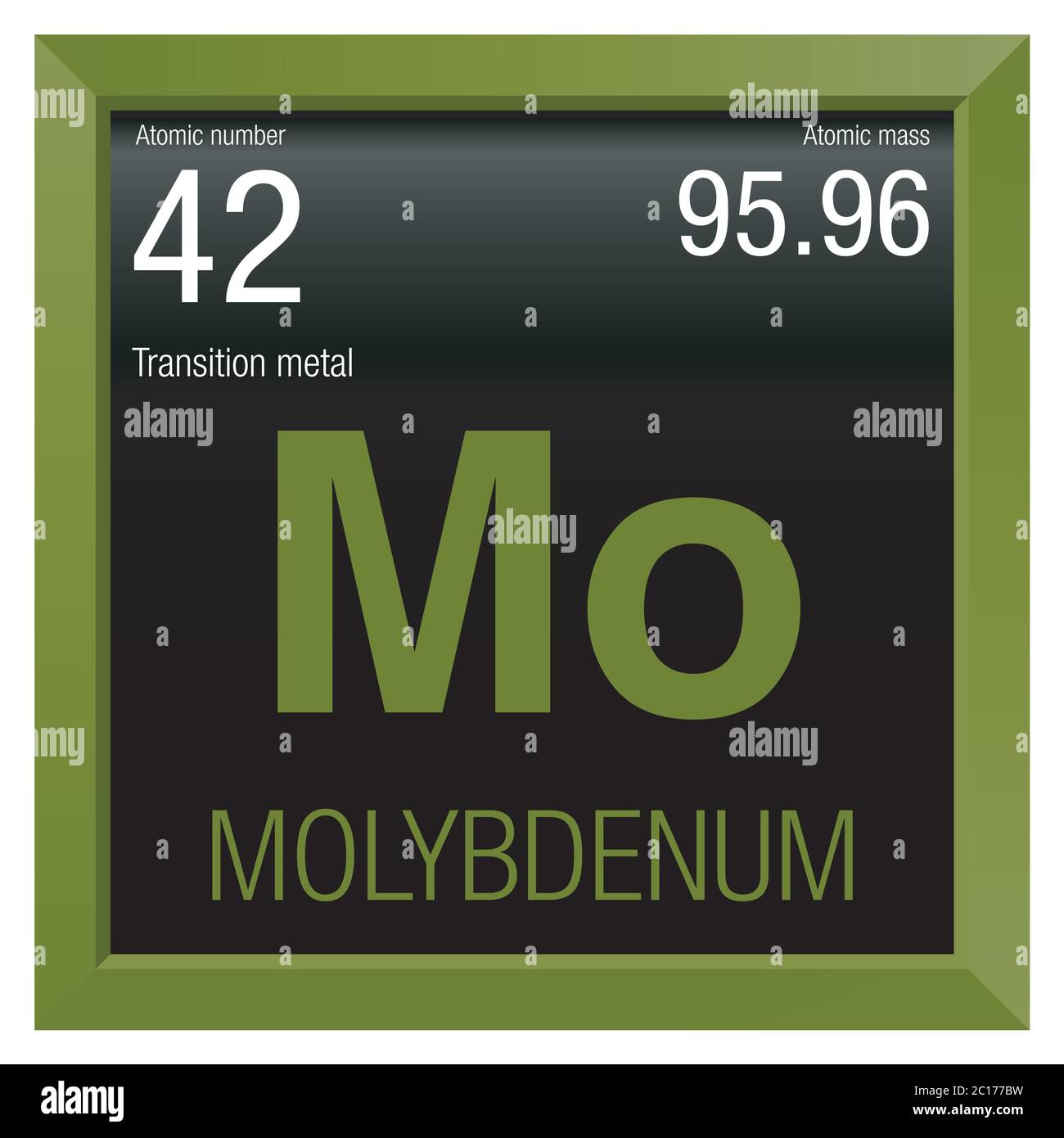 Simbolo di molibdeno. Elemento numero 42 della Tavola periodica degli elementi - chimica - cornice quadrata verde con sfondo nero Illustrazione Vettoriale