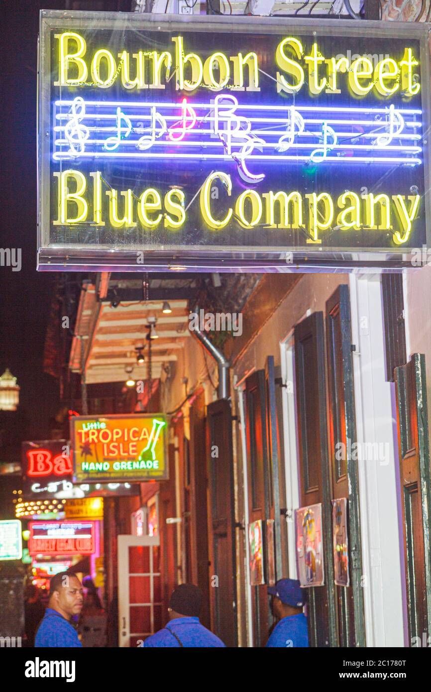 New Orleans, Louisiana, quartiere francese, Bourbon Street, Bourbon Street Blues Company, bar, lounge, pub, nightclub, musica dal vivo, insegne al neon Foto Stock