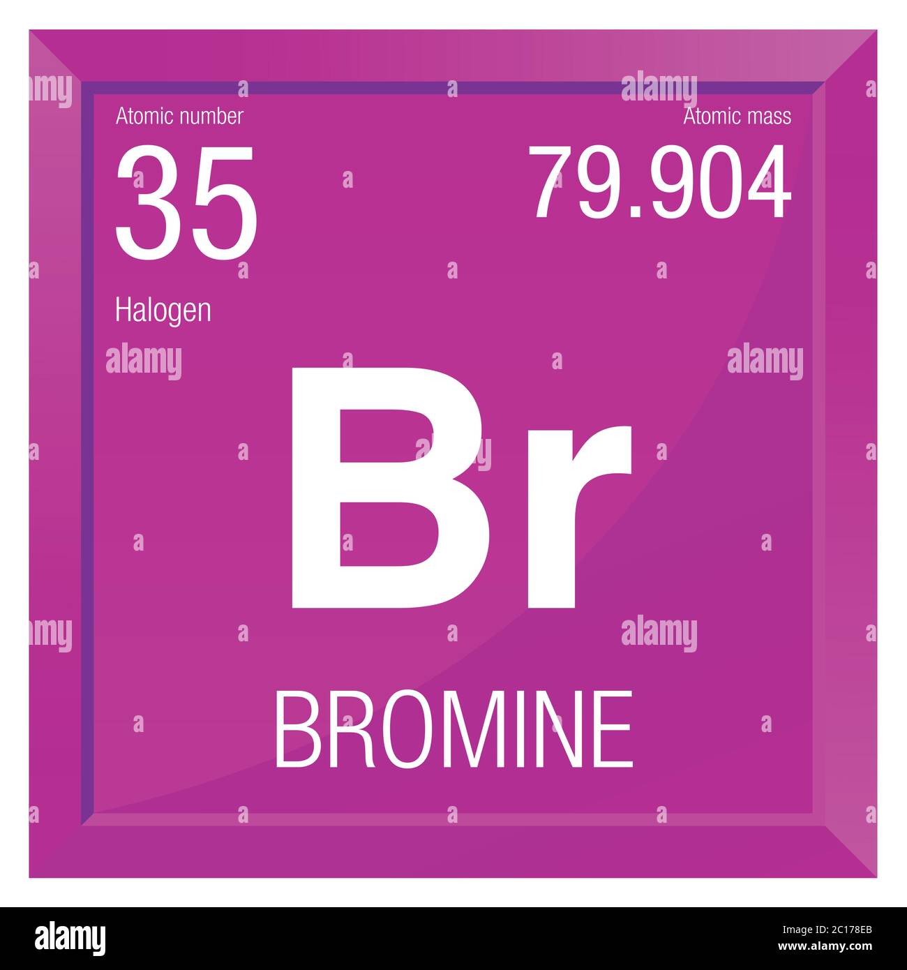 Simbolo bromo. Elemento numero 35 della Tavola periodica degli elementi - chimica - quadro quadrato con sfondo magenta Illustrazione Vettoriale