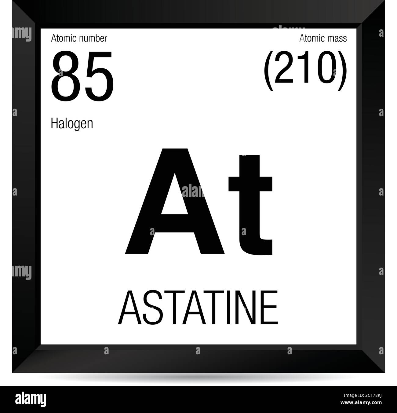 Simbolo astatina. Elemento numero 85 della Tavola periodica degli elementi - chimica - cornice quadrata nera con sfondo bianco Illustrazione Vettoriale