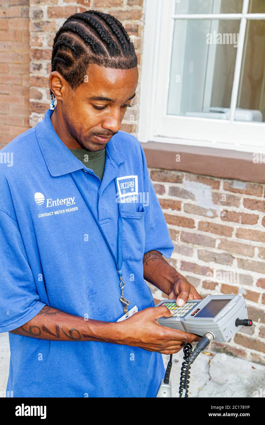 New Orleans Louisiana,Warehouse District,Julia Street,Entergy,meter reader,lavoro,dipendenti lavoratori dipendenti personale,uomo nero uomini maschio adulti, Foto Stock