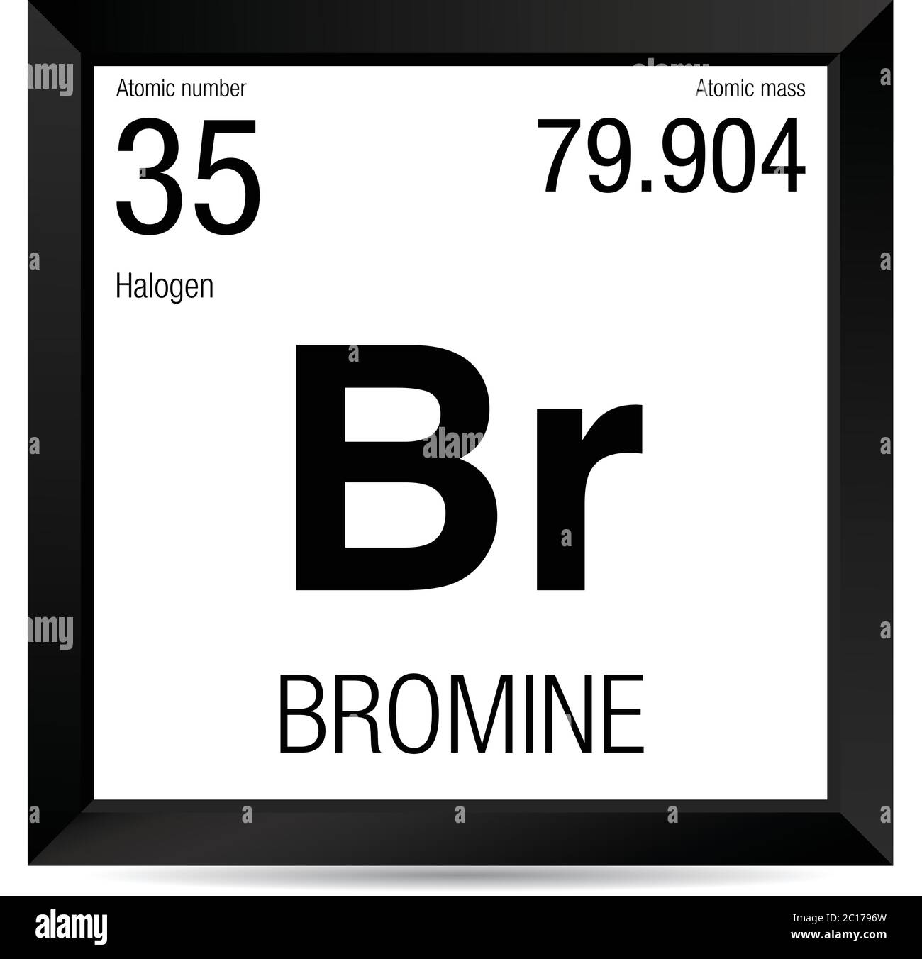 Simbolo bromo. Elemento numero 35 della Tavola periodica degli elementi - chimica - cornice quadrata nera con sfondo bianco Illustrazione Vettoriale