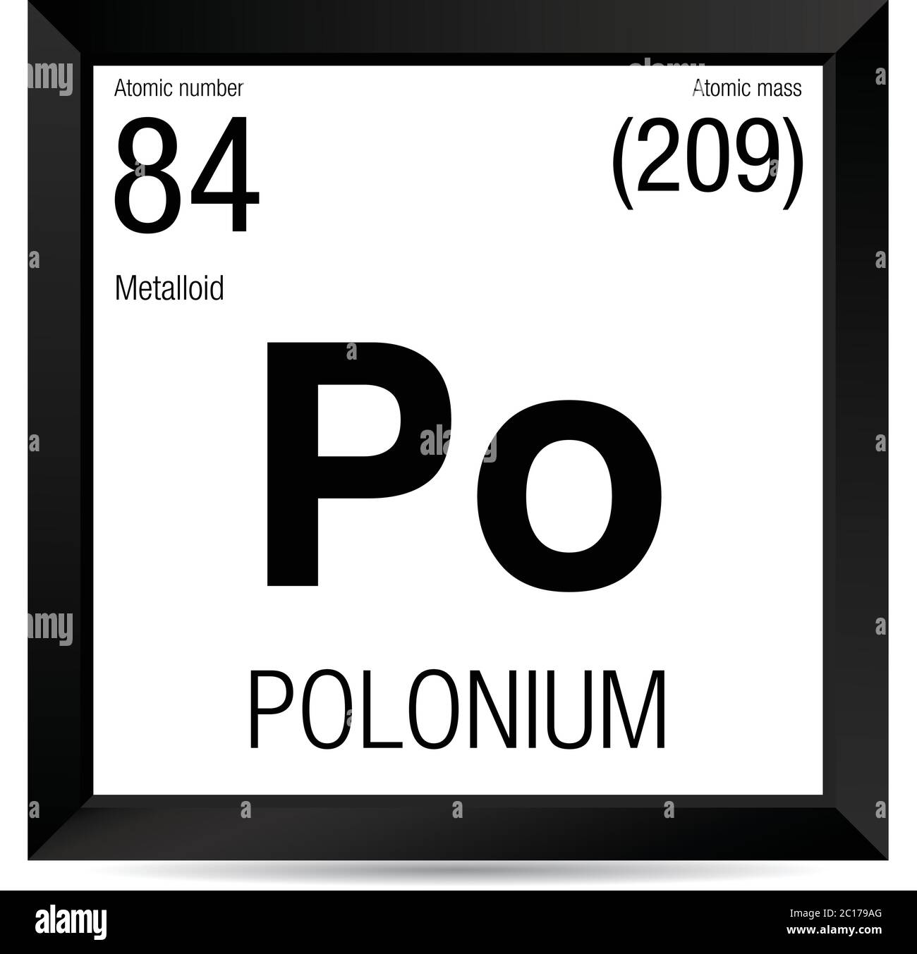 Simbolo del polonio. Elemento numero 84 della Tavola periodica degli elementi - chimica - cornice quadrata nera con sfondo bianco Illustrazione Vettoriale