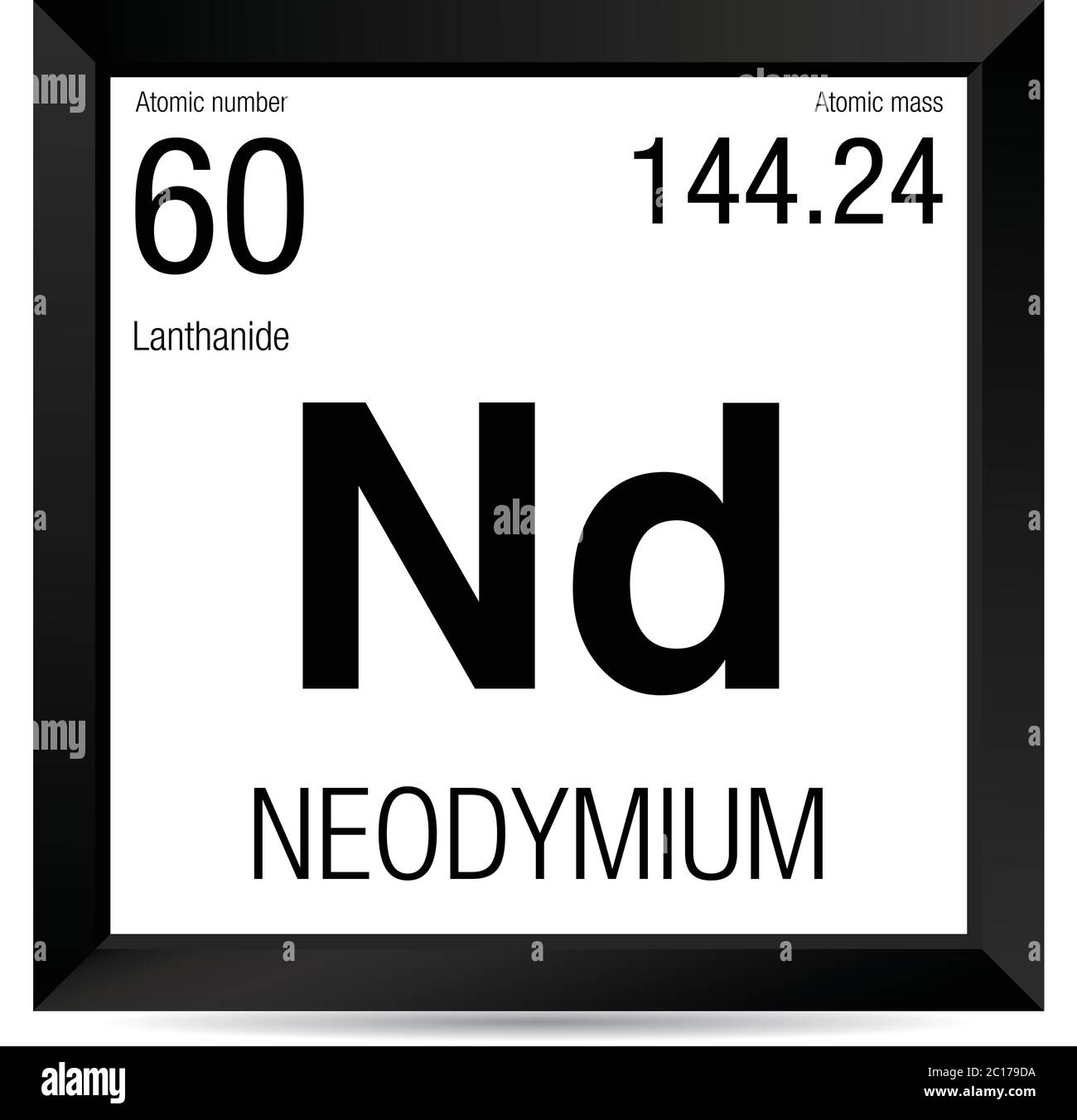 Simbolo del neodimio. Elemento numero 60 della Tavola periodica degli elementi - chimica - cornice quadrata nera con sfondo bianco Illustrazione Vettoriale