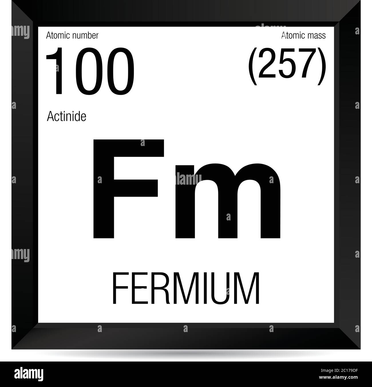 Simbolo del fermio. Elemento numero 100 della Tavola periodica degli elementi - chimica - cornice quadrata nera con sfondo bianco Illustrazione Vettoriale