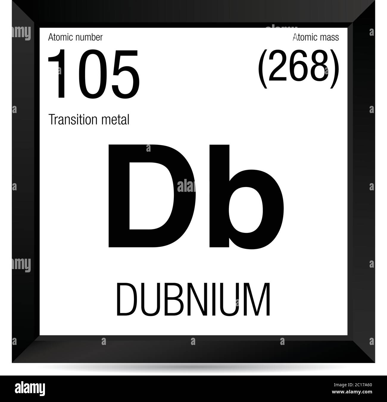 Simbolo di Dubnio. Elemento numero 105 della Tavola periodica degli elementi - chimica - cornice quadrata nera con sfondo bianco Illustrazione Vettoriale