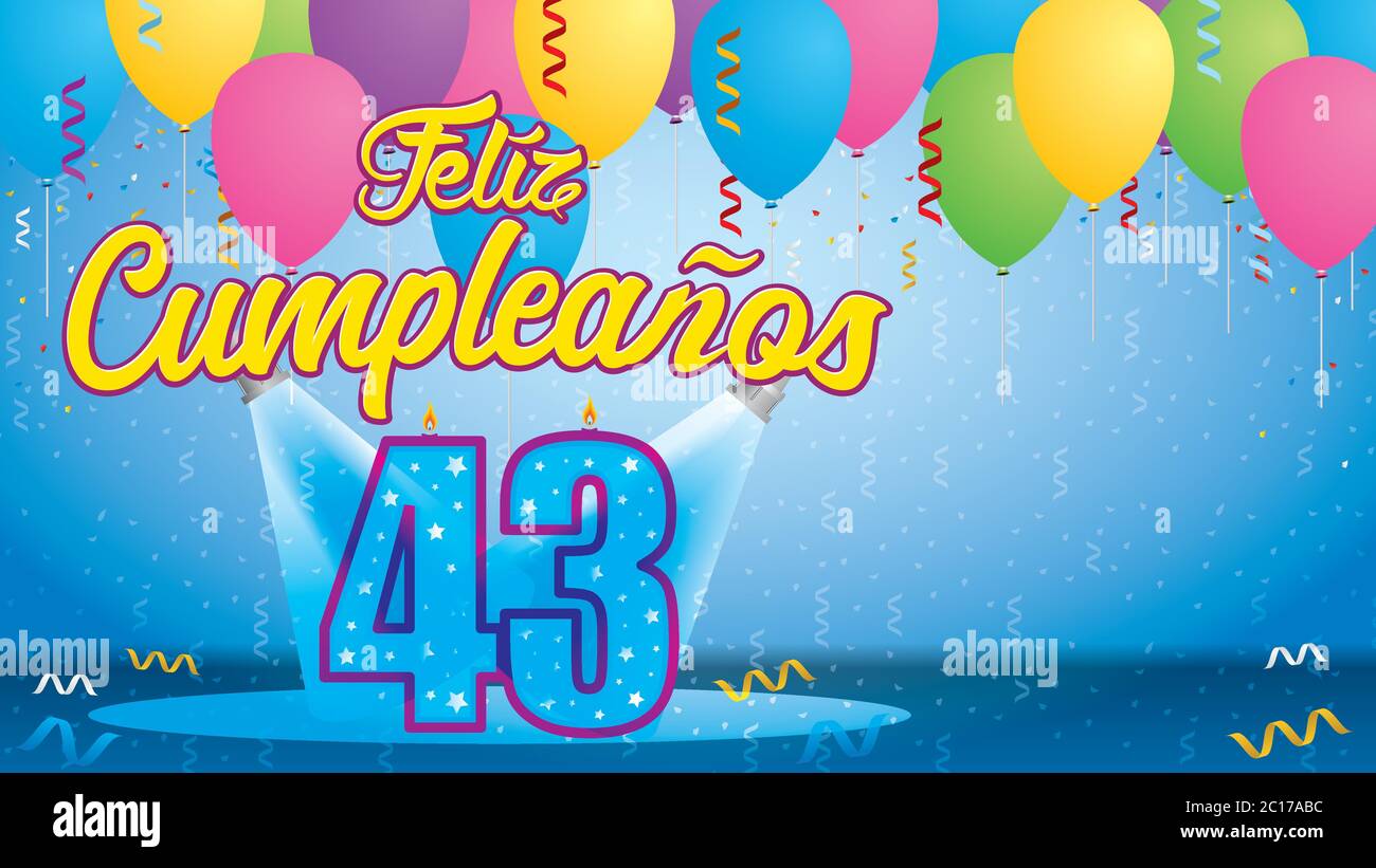 Feliz Cumplanos 43 - biglietto d'auguri. Candela illuminata sotto forma di un numero che viene illuminato da riflettori in una stanza con palloncini galleggianti con ruscelli Illustrazione Vettoriale