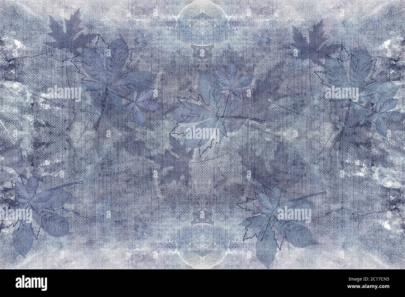 sfondo 3d, foglie d'acero sulla trama di tela di tessuto. Colore denim Foto Stock