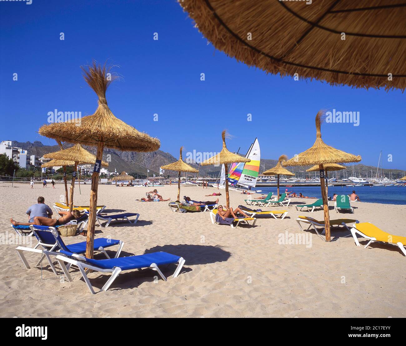 Vista sulla spiaggia, Puerto Pollensa (Porto di Pollenca), comune di Pollenca, Maiorca (Maiorca), Isole Baleari, Spagna Foto Stock