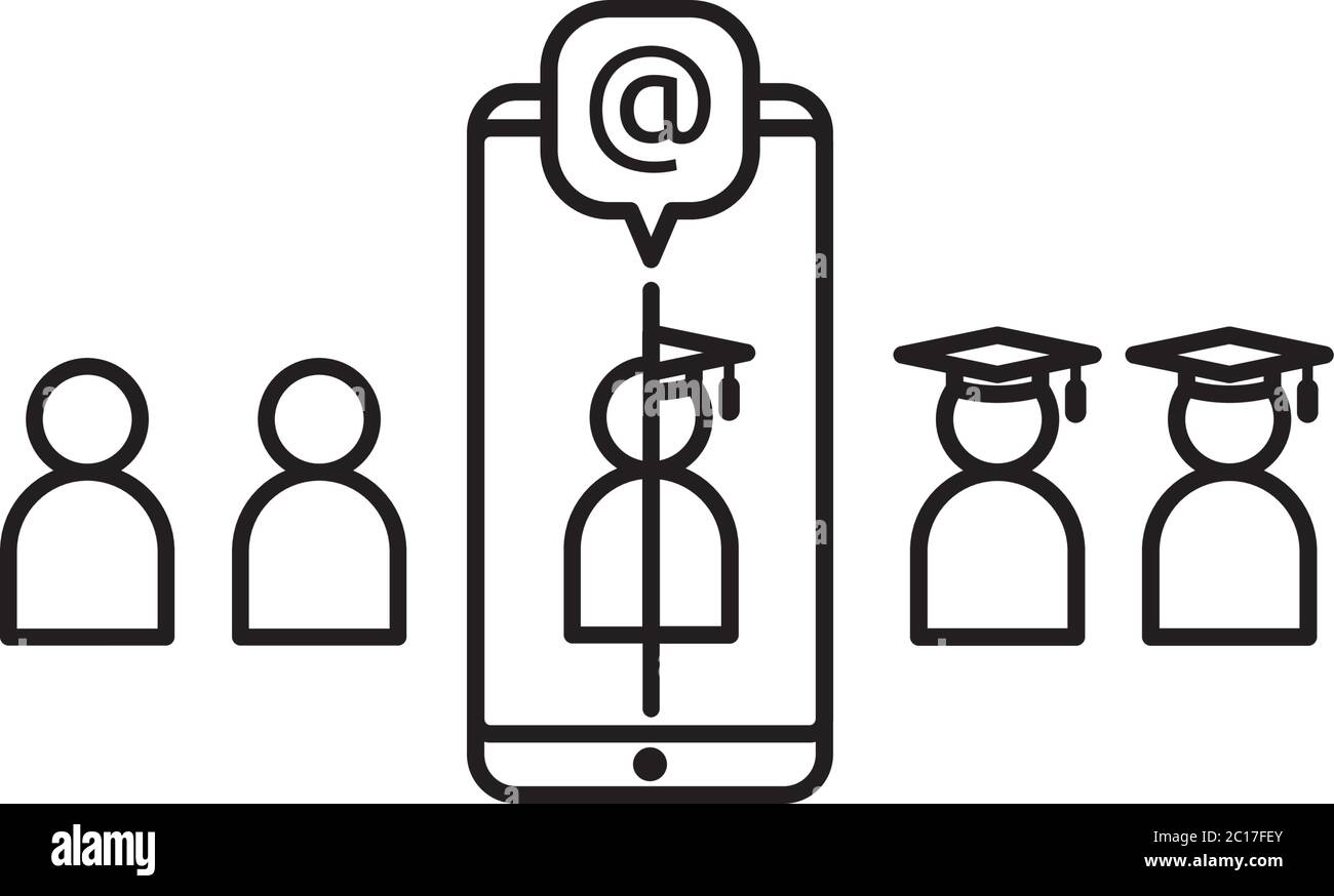 Icona della linea di e-learning. Simbolo di formazione online su Internet. Processo di laurea sullo schermo dello smartphone. Firma aziendale per laureati. Logo per sito Web, app mobile Illustrazione Vettoriale