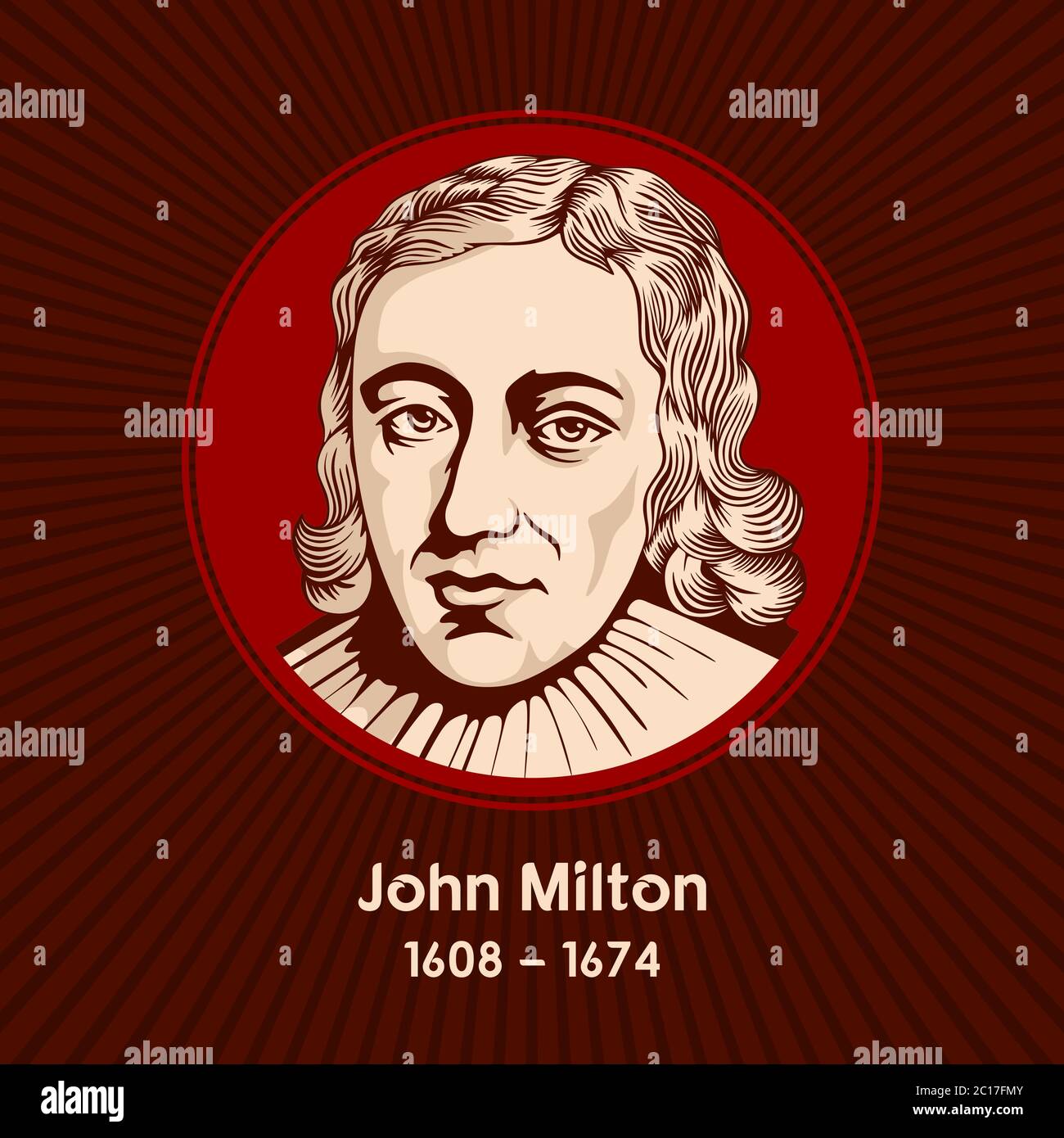 John Milton (1608-1674) è stato un poeta e intellettuale inglese. Ha scritto in un momento di flusso religioso e di sconvolgimento politico, ed è meglio conosciuto per la sua e Illustrazione Vettoriale