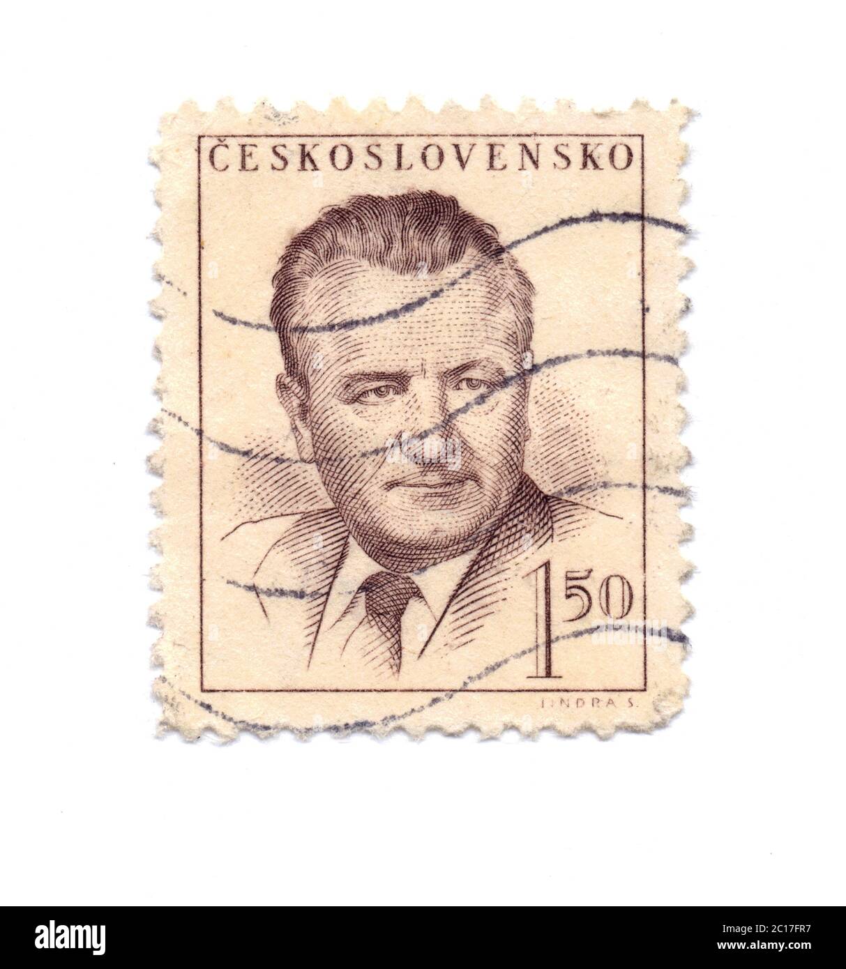 Francobollo Klement Gottwald, Cecoslovacchia 1948. Primo ministro comunista, presidente, politico. Valore: 1,50 corone Foto Stock
