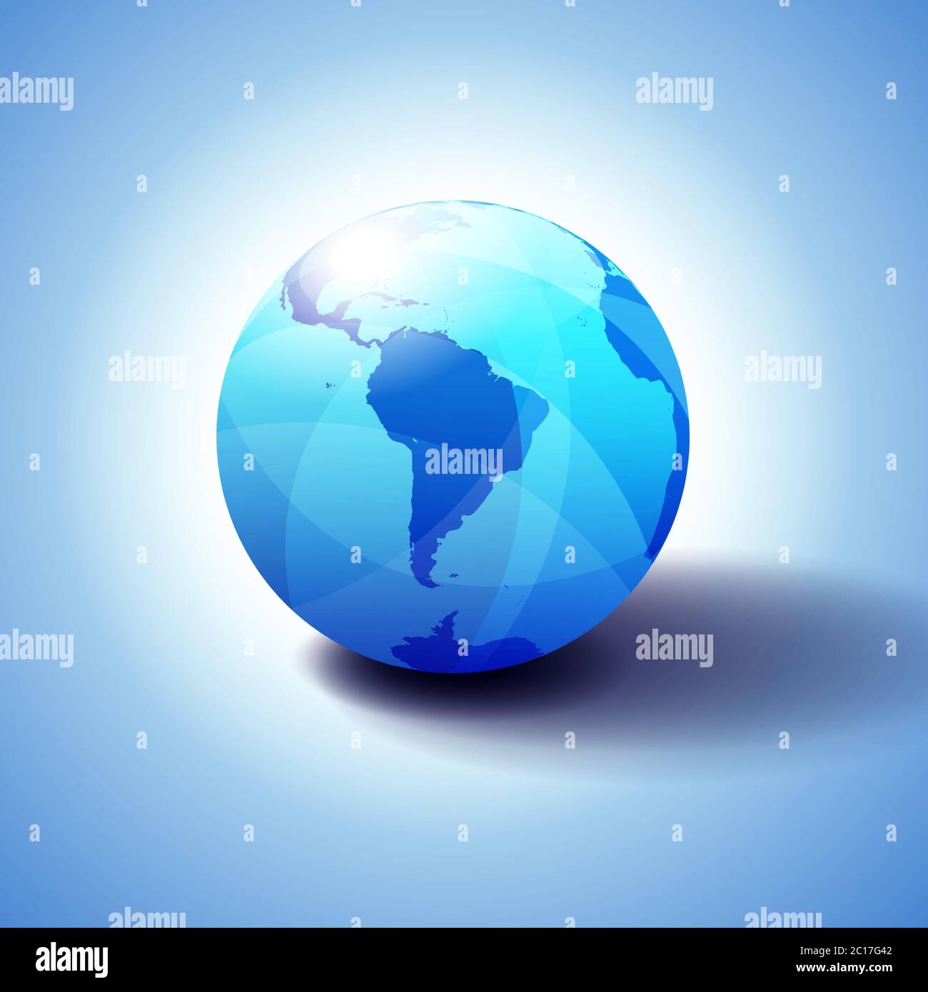 Sud America sfondo con icona Globe illustrazione 3D, lucida, sfera lucida con mappa globale in blu sottile per un aspetto trasparente Illustrazione Vettoriale